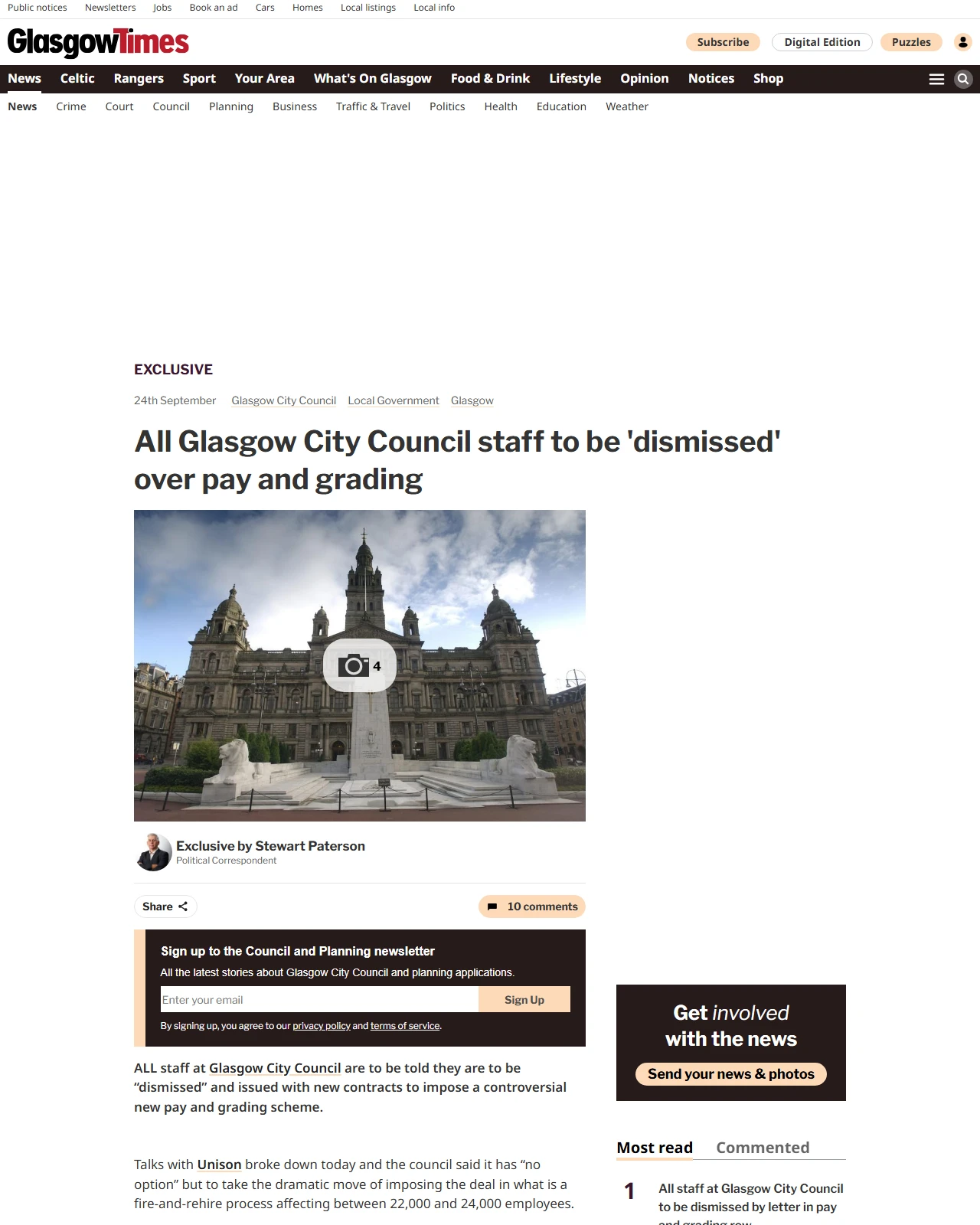 glasgowtimes.co.uk as published: All staff at Glasgow City Council to be dismissed by letter in pay and grading row
