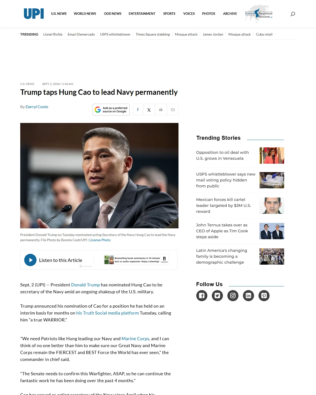 upi.com as published: Trump taps Hung Cao to lead Navy permanently