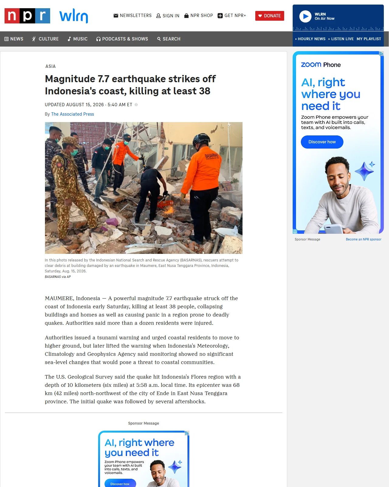 npr.org as published: Magnitude 7.7 earthquake strikes off Indonesia's coast, killing at least 38