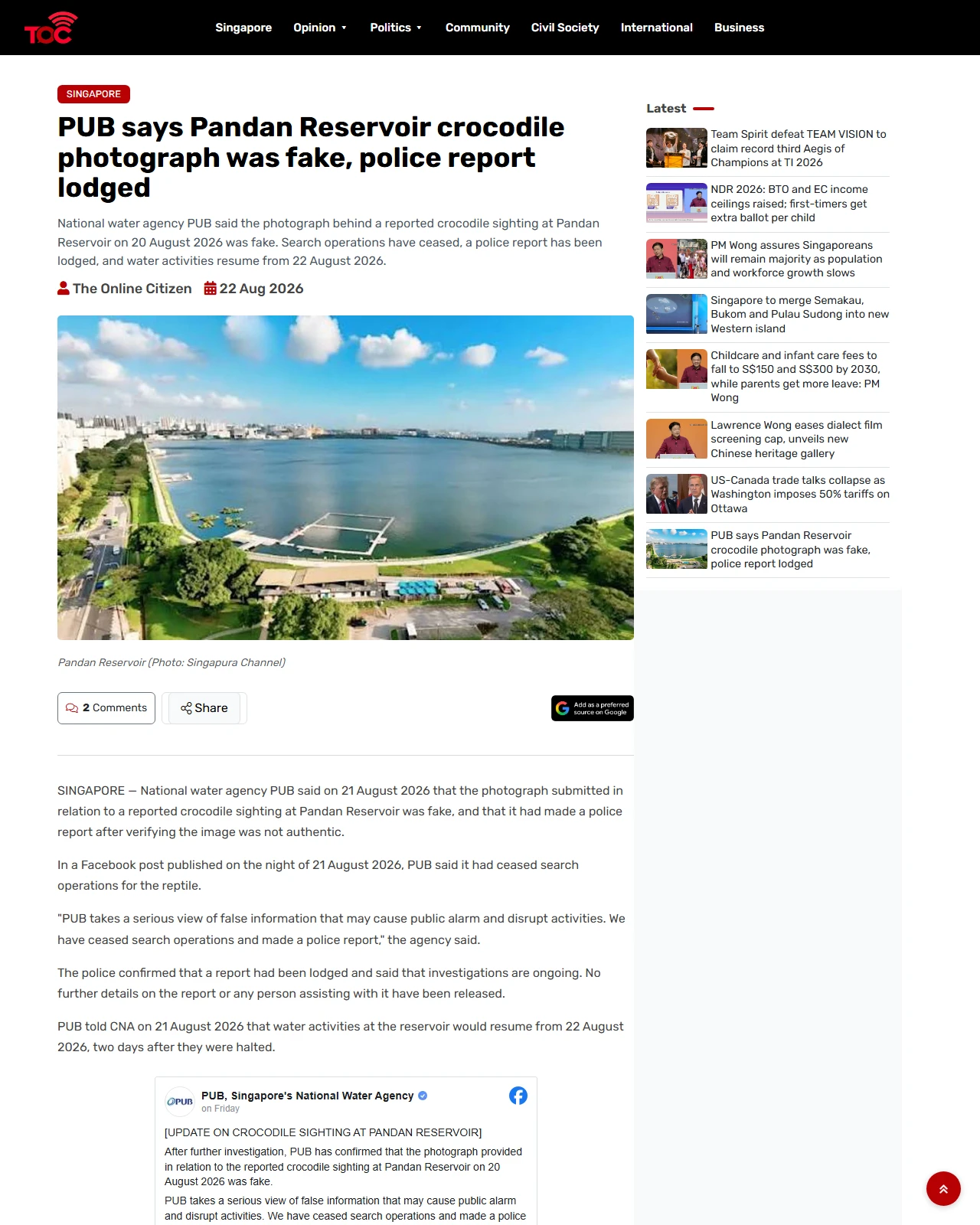 theonlinecitizen.com as published: PUB says Pandan Reservoir crocodile photograph was fake, police report lodged
