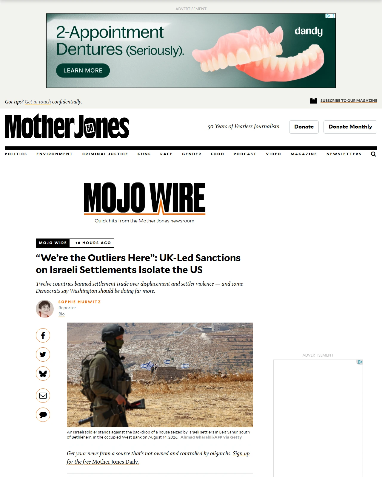 motherjones.com as published: “We’re the Outliers Here”: UK-Led Sanctions on Israeli Settlements Isolate the US