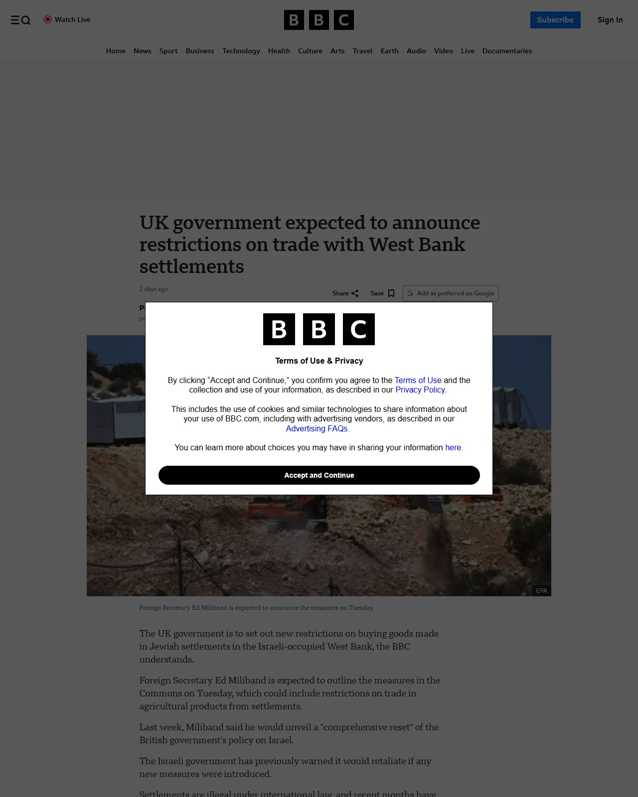 bbc.com as published: UK government expected to announce restrictions on trade with West Bank settlements