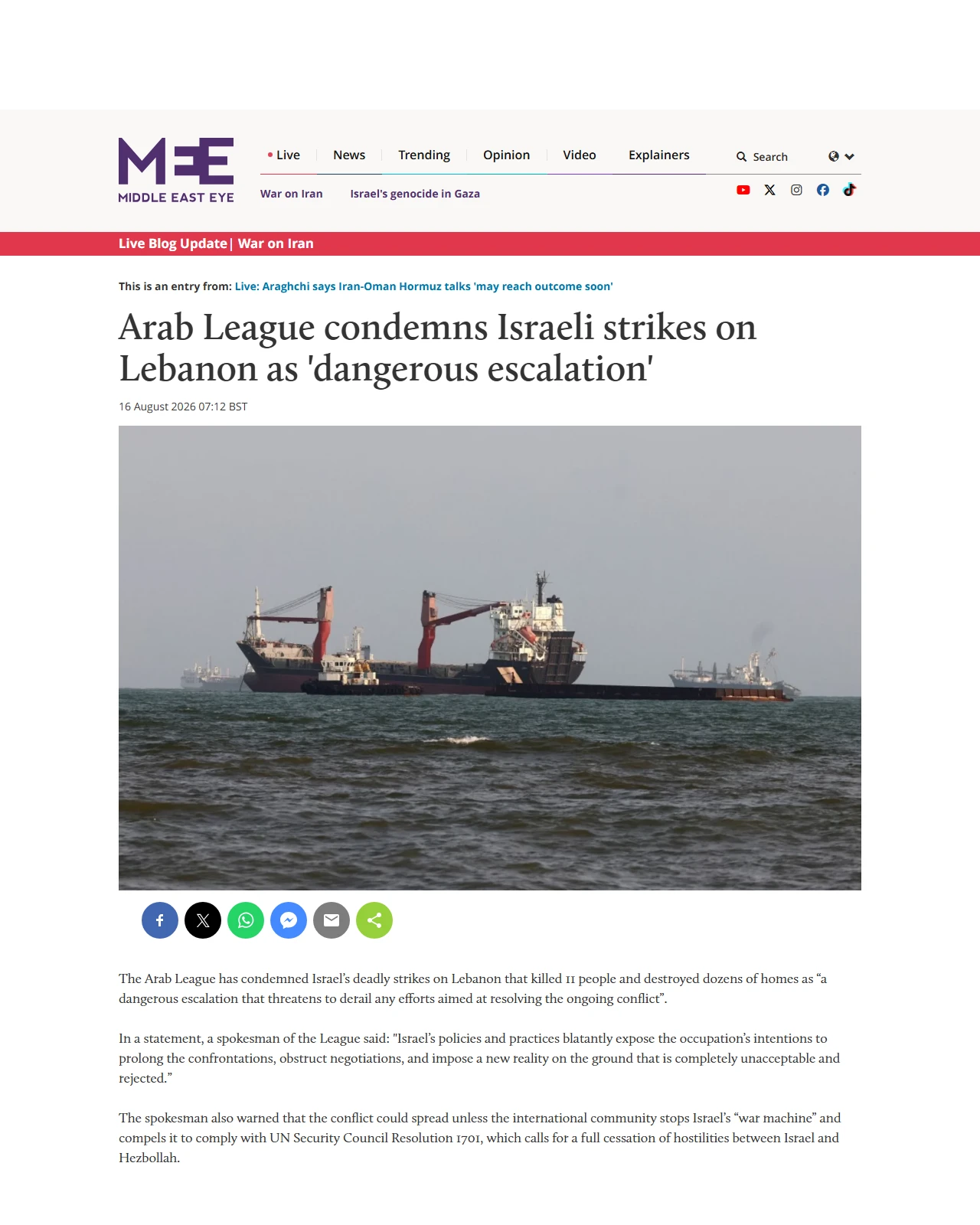 middleeasteye.net as published: Arab League condemns Israeli strikes on Lebanon as 'dangerous escalation'
