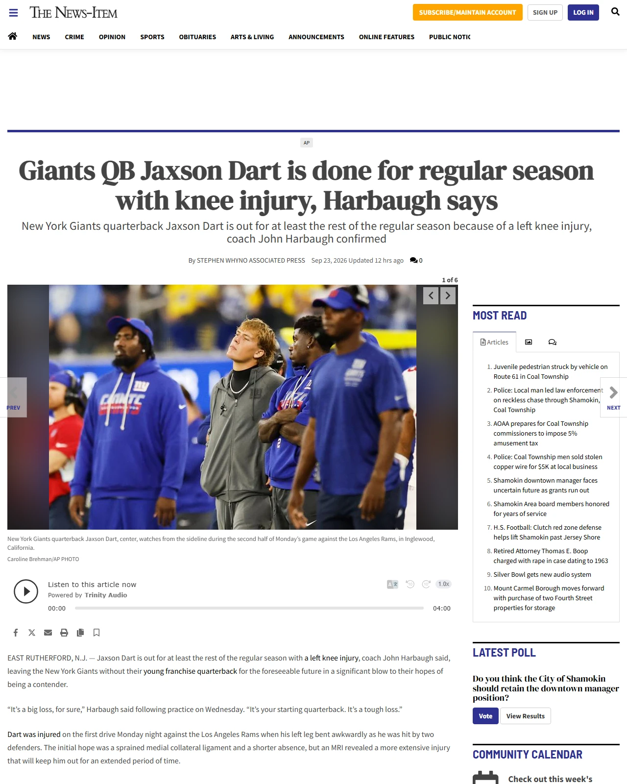 newsitem.com as published: Giants QB Jaxson Dart is expected to have season-ending knee surgery, AP source says