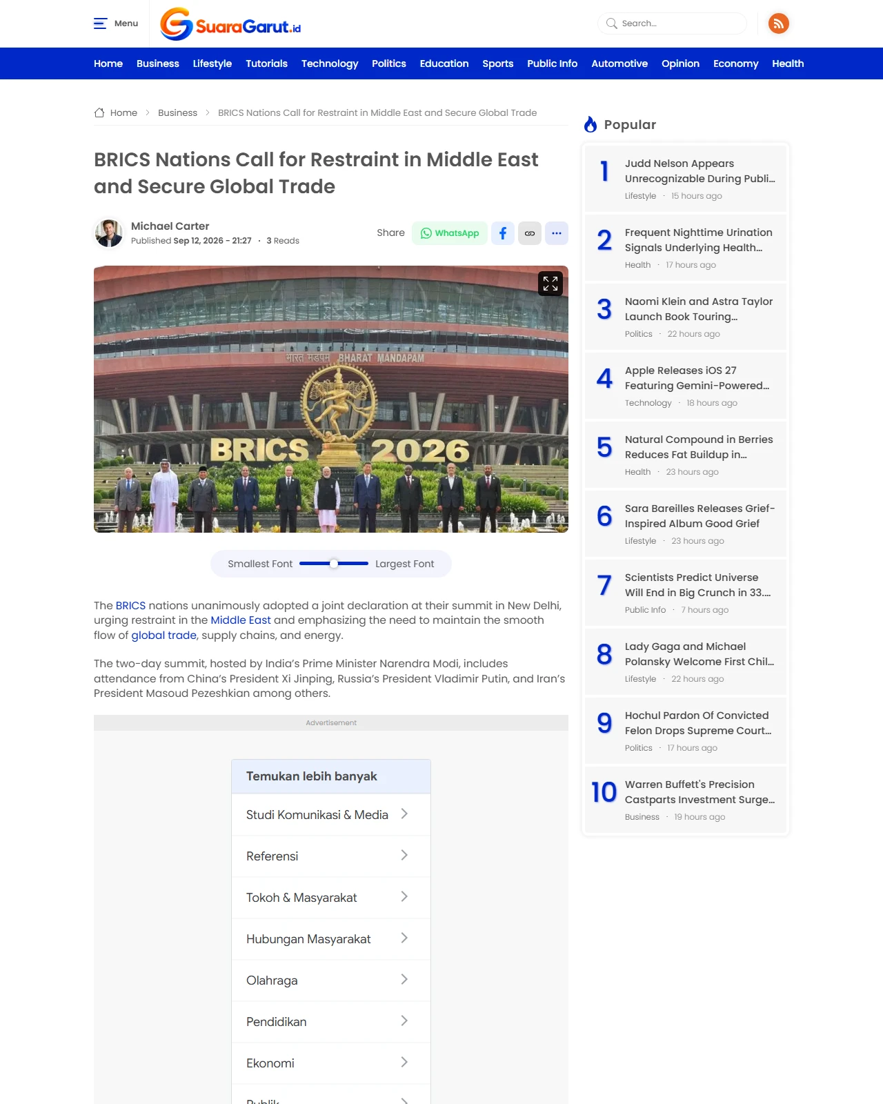 suaragarut.id as published: BRICS Nations Call for Restraint in Middle East and Secure Global Trade