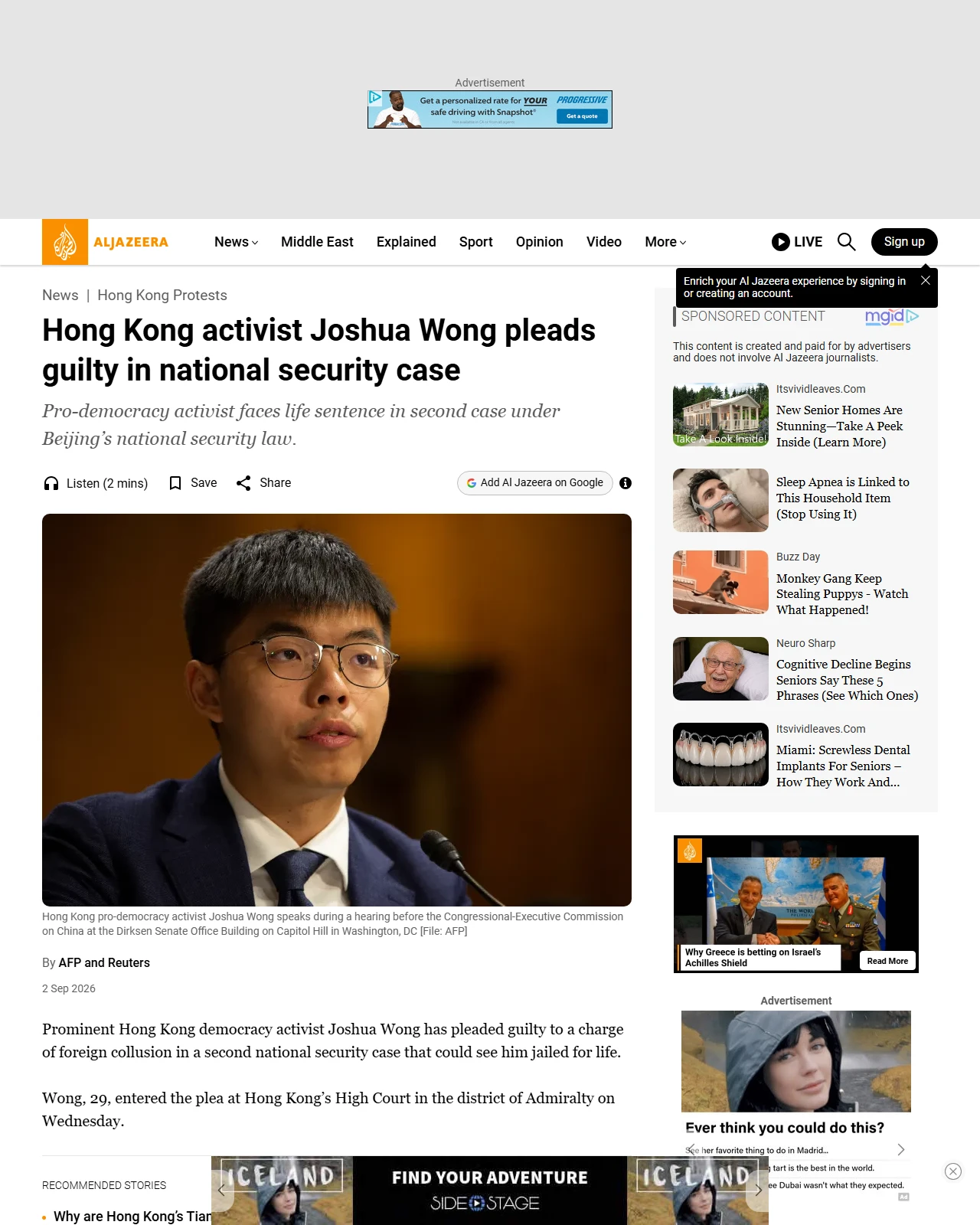 aljazeera.com as published: Hong Kong activist Joshua Wong pleads guilty in national security case