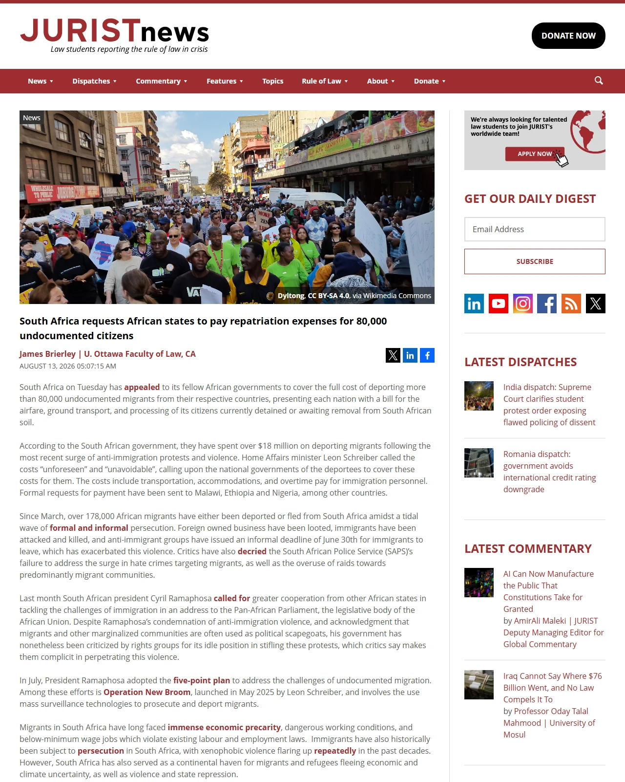 jurist.org as published: South Africa requests African states to pay repatriation expenses for 80,000 undocumented citizens - JURIST - News