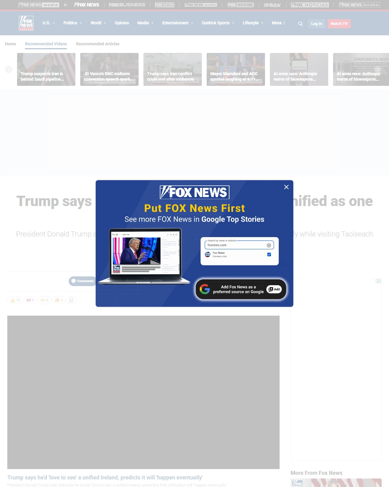 foxnews.com as published: Trump says he would 'love' to see Ireland unified as one nation