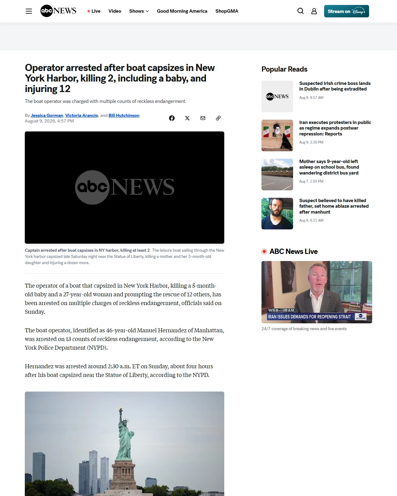 abcnews.com as published: Operator arrested after boat capsizes in New York Harbor, killing 2, including a baby, and injuring 12 - ABC News