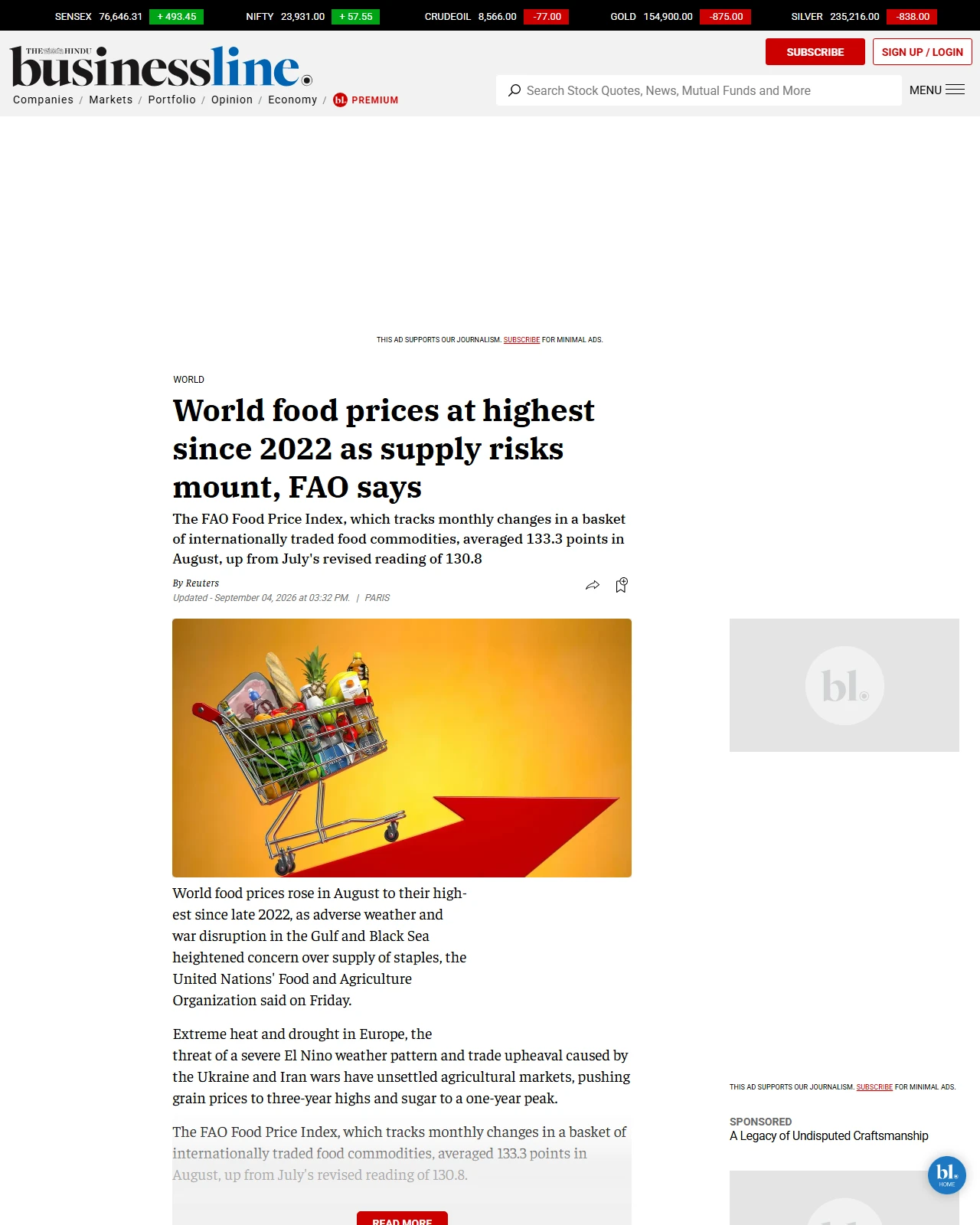 thehindubusinessline.com as published: World food prices at highest since 2022 as supply risks mount, FAO says