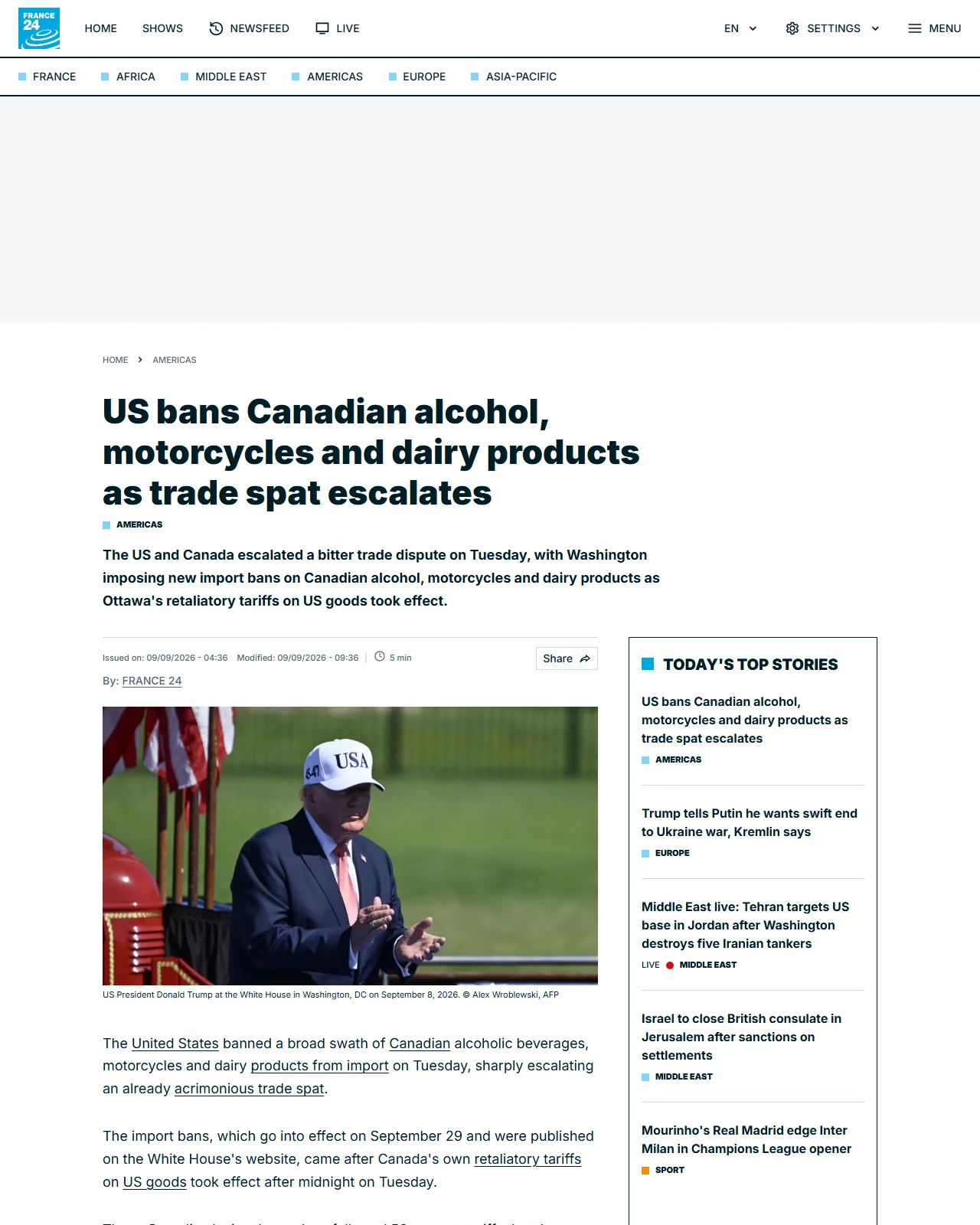 s.france24.com as published: US bans Canadian alcohol, motorcycles and dairy products as trade spat escalates