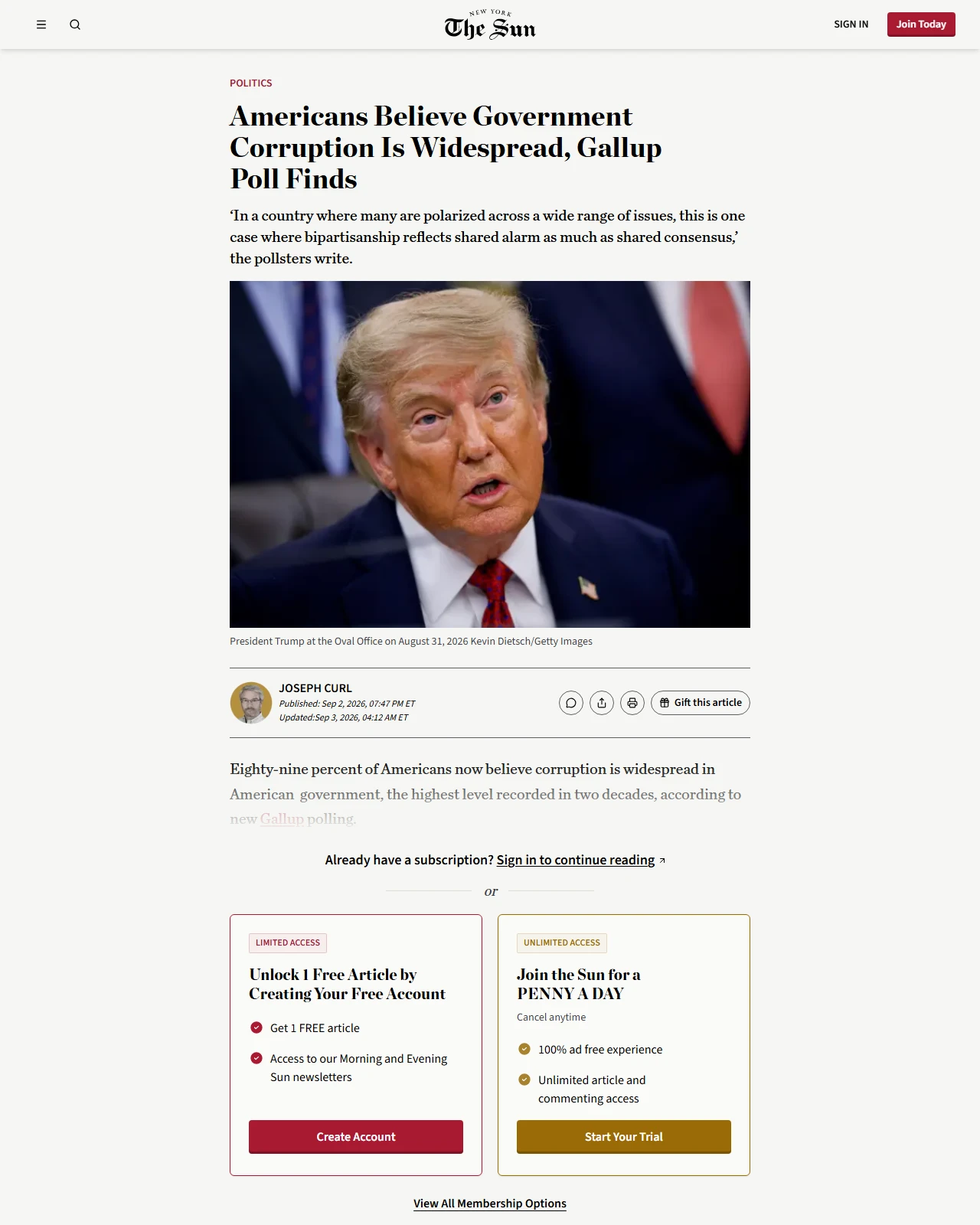nysun.com as published: Americans Believe Government Corruption Is Widespread, Gallup Poll Finds