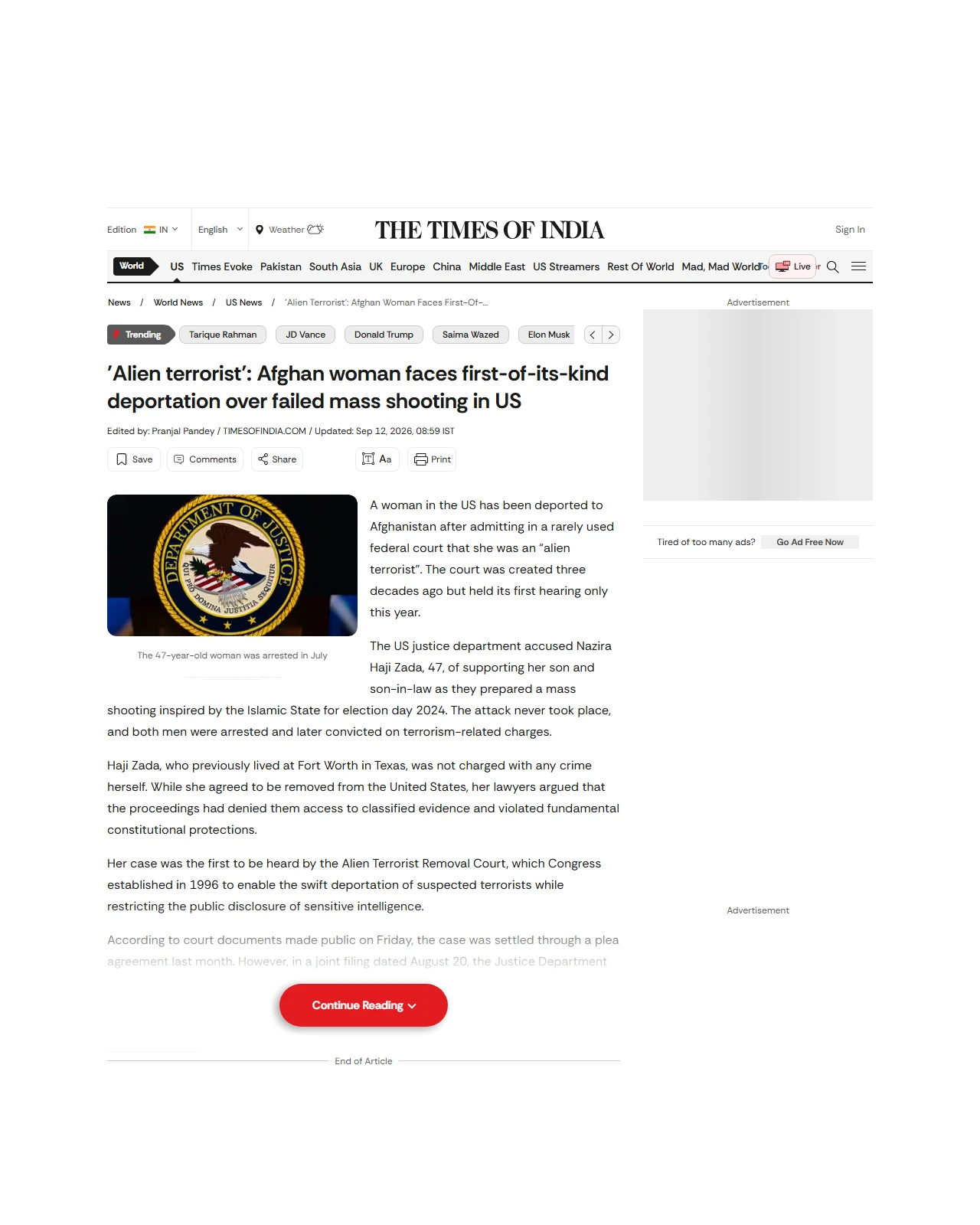 timesofindia.indiatimes.com as published: 'Alien terrorist': Afghan woman faces first-of-its-kind deportation over failed mass shooting in US