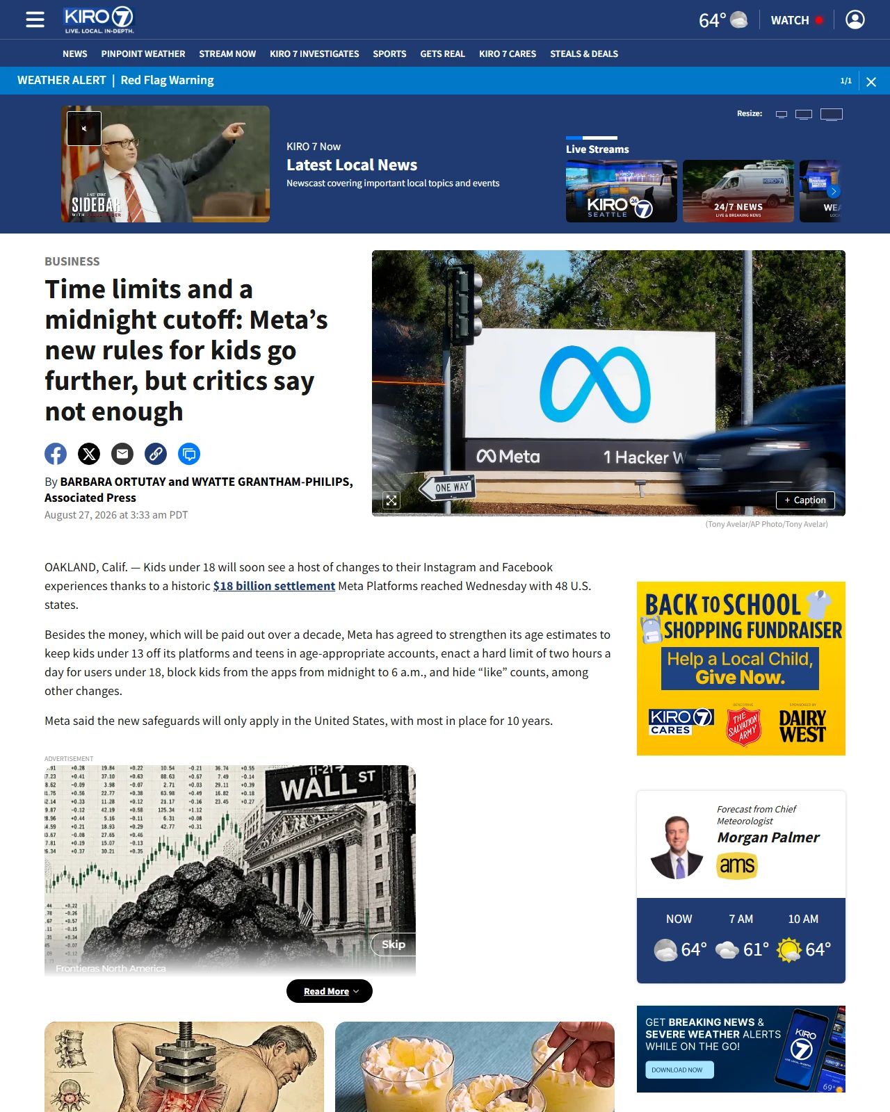 kiro7.com as published: Time limits and a midnight cutoff: Meta’s new rules for kids go further, but critics say not enough