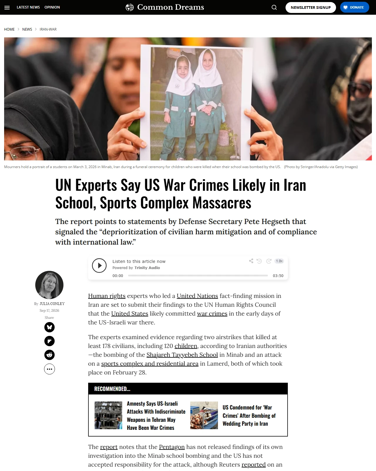 commondreams.org as published: UN Experts Say US War Crimes Likely in Iran School, Sports Complex Massacres