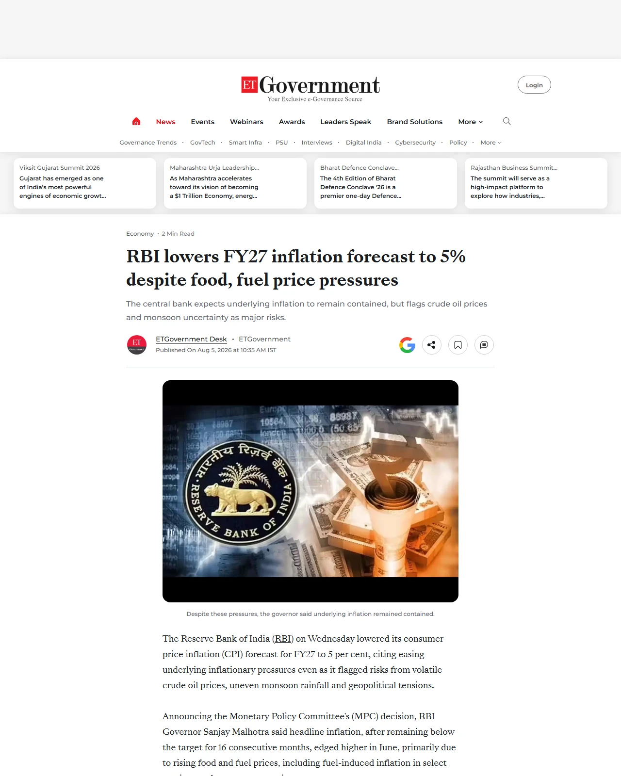 government.economictimes.indiatimes.com as published: RBI lowers FY27 inflation forecast to 5% despite food, fuel price pressures