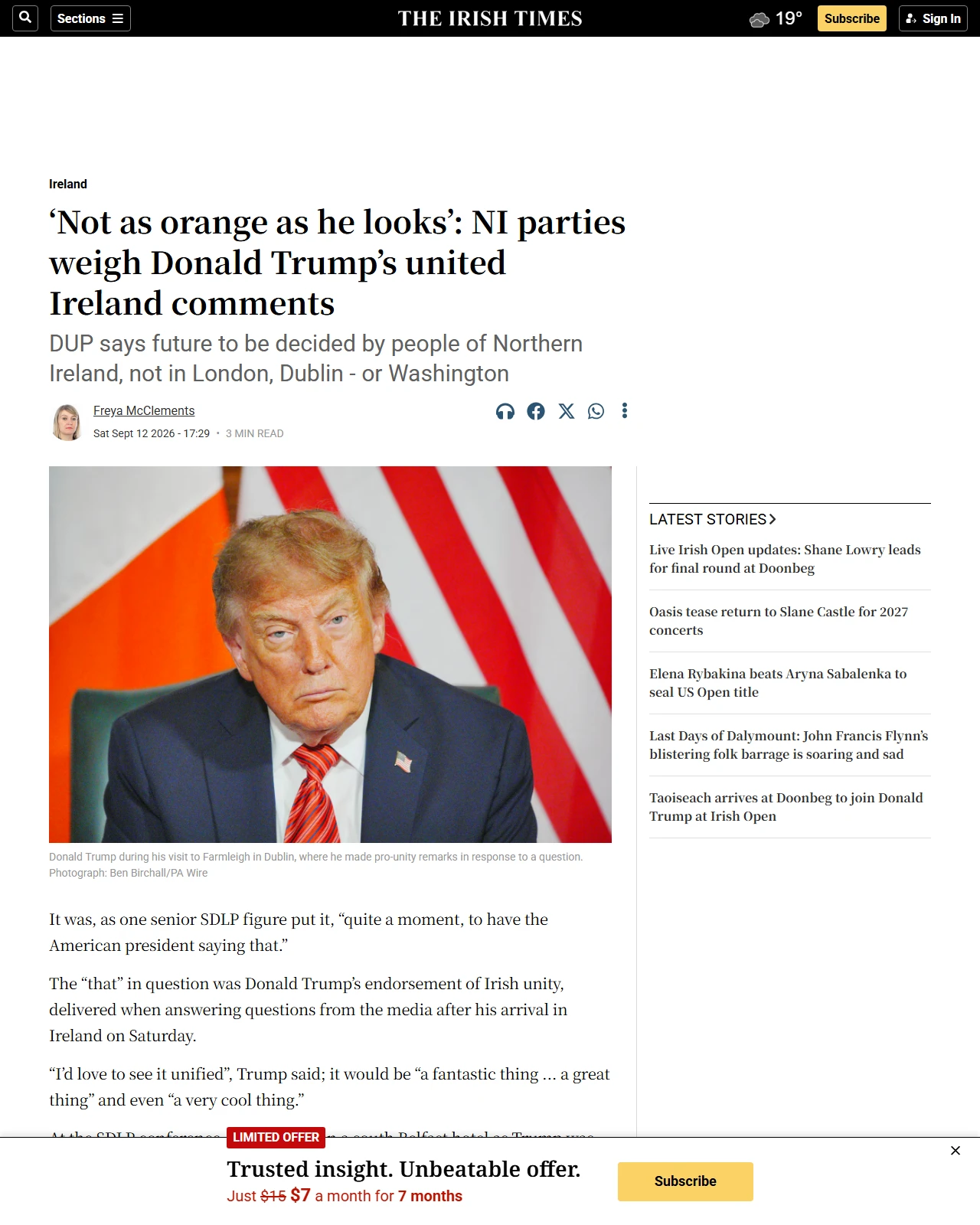 irishtimes.com as published: ‘Not as orange as he looks’: NI parties weigh Donald Trump’s united Ireland comments