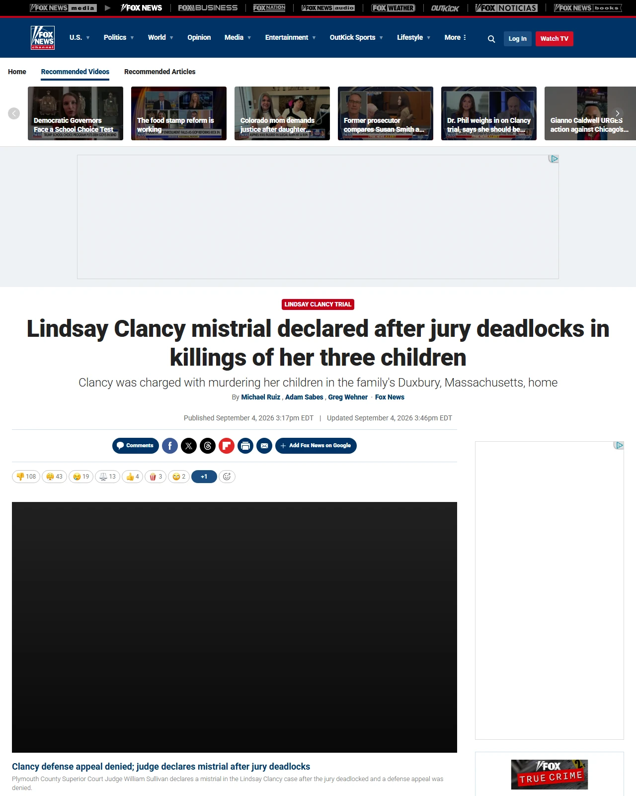 foxnews.com as published: Lindsay Clancy mistrial declared after jury deadlocks in killings of her three children