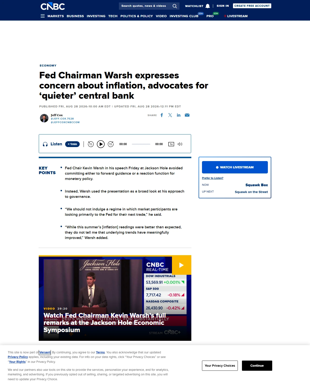 cnbc.com as published: Fed Chairman Warsh expresses concern about inflation, advocates for 'quieter' central bank