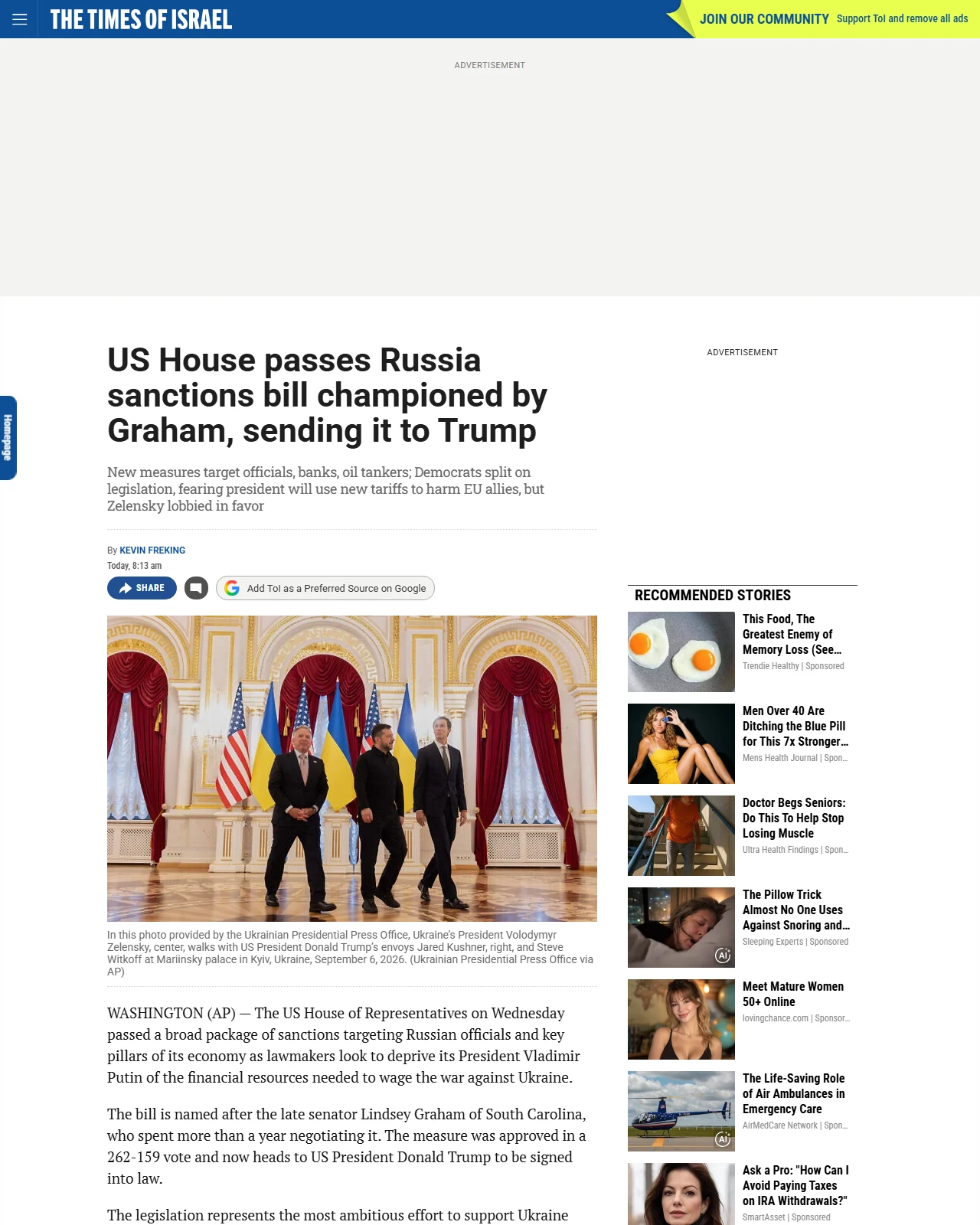 timesofisrael.com as published: US House passes Russia sanctions bill championed by Graham, sending it to Trump