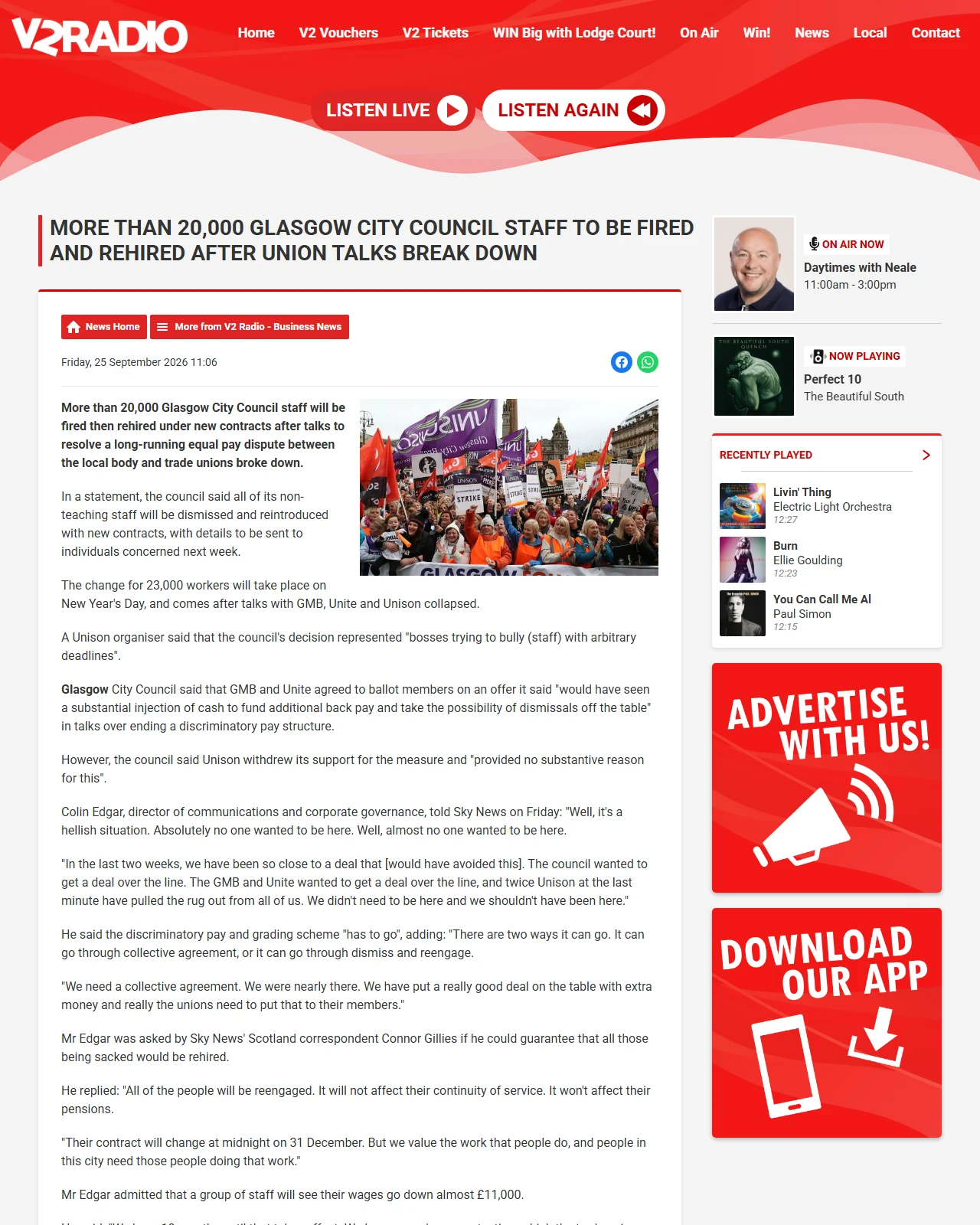 v2radio.co.uk as published: More than 20,000 Glasgow City Council staff to be fired and rehired after union talks break down