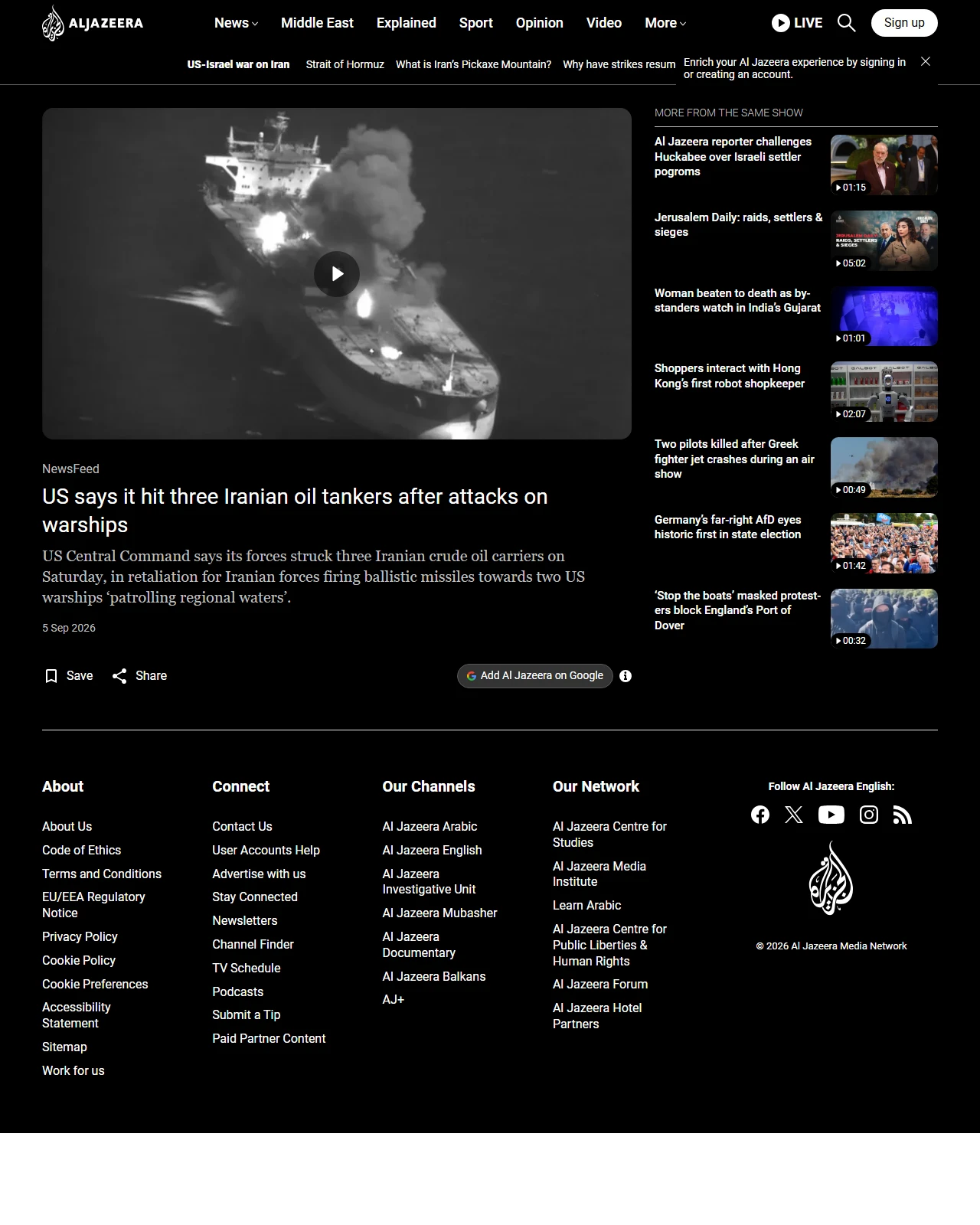 aljazeera.com as published: US says it hit three Iranian oil tankers after attacks on warships
