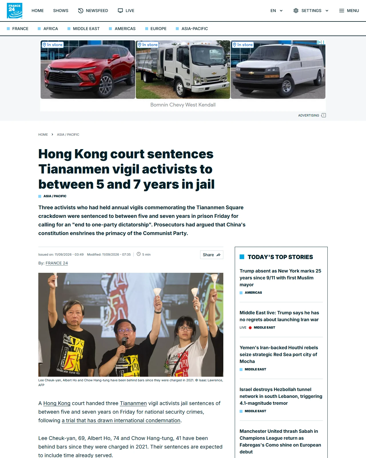 s.france24.com as published: Hong Kong court sentences Tiananmen vigil activists to between 5 and 7 years in jail
