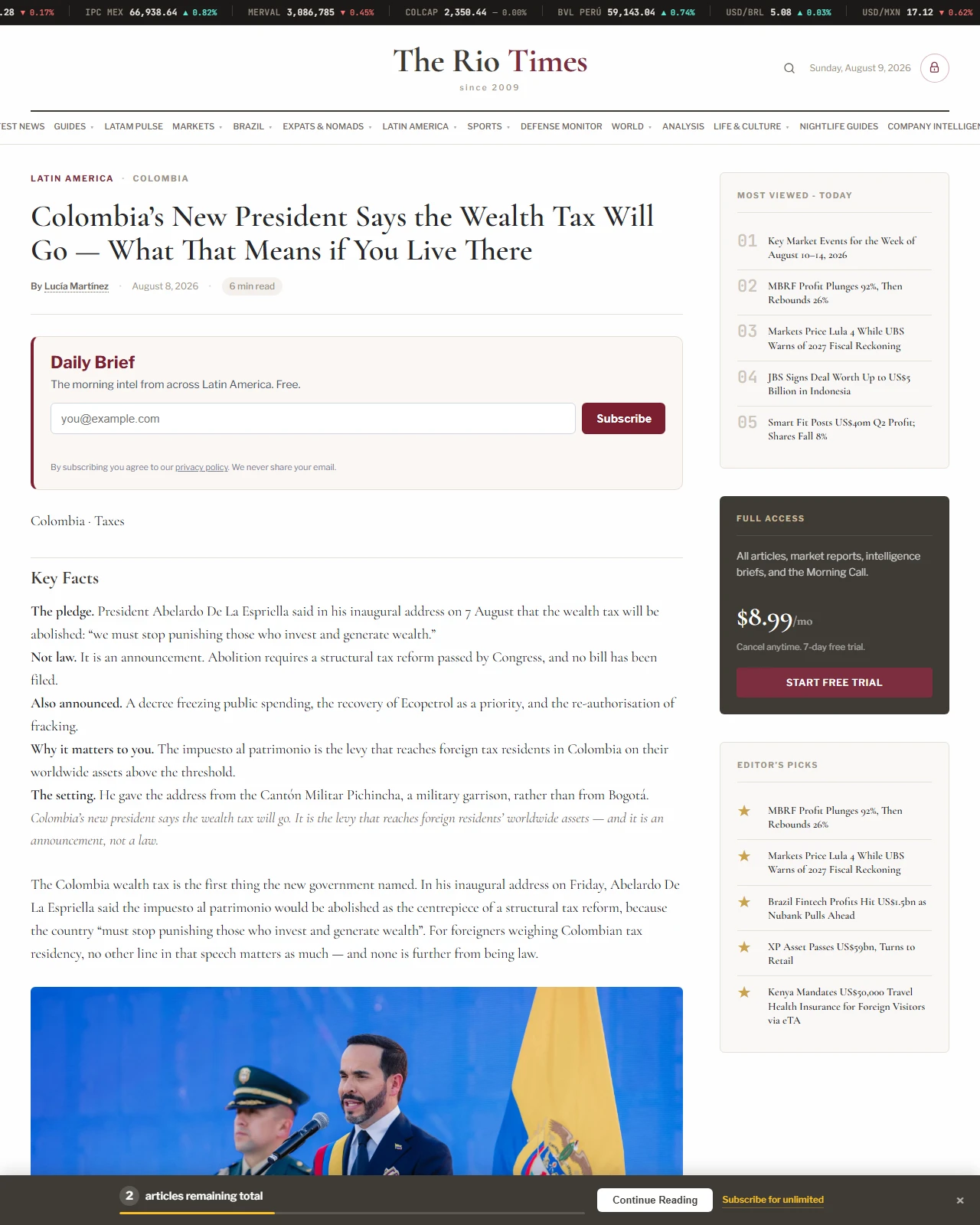 riotimesonline.com as published: Colombia’s New President Says the Wealth Tax Will Go — What That Means if You Live There