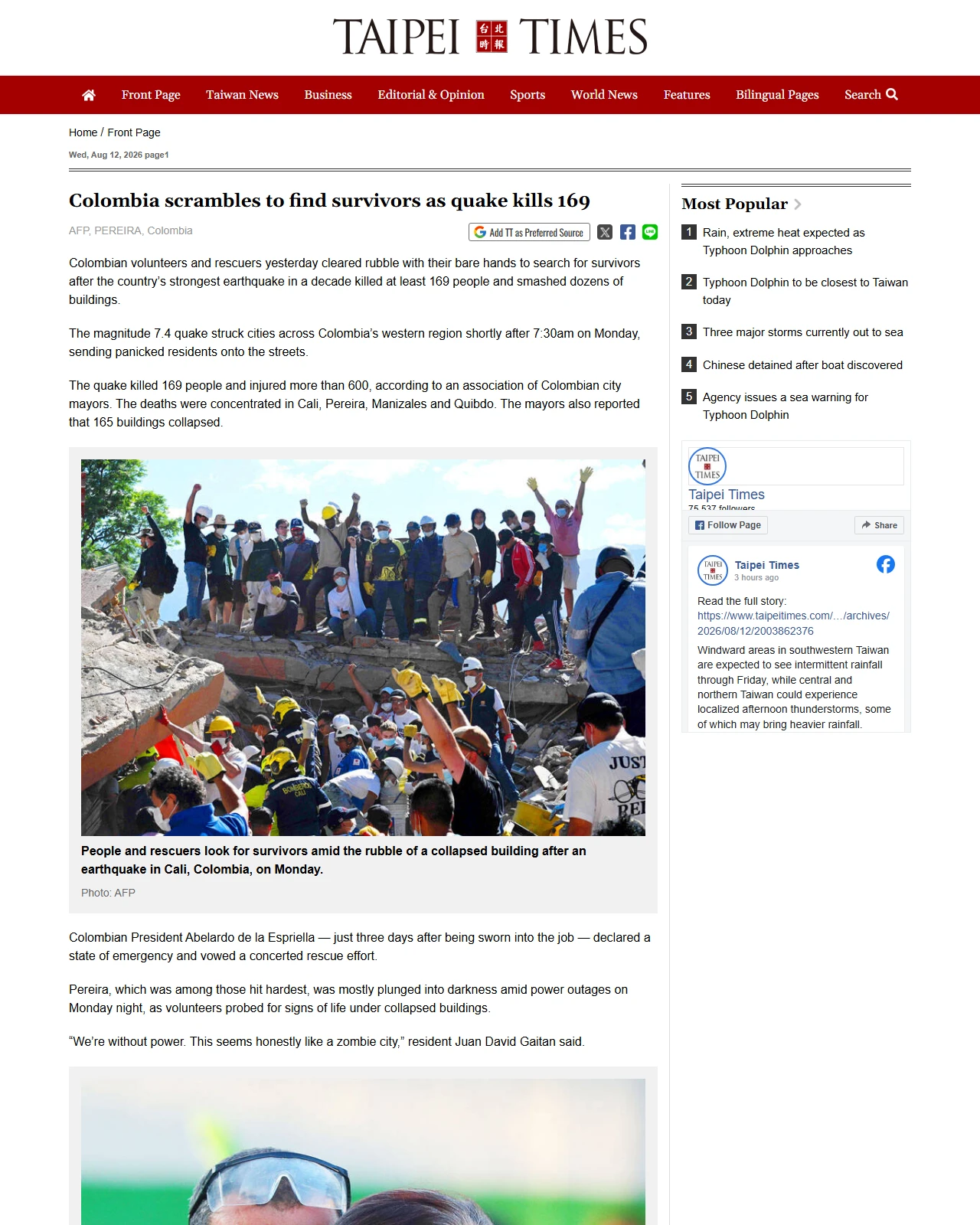 taipeitimes.com as published: Colombia scrambles to find survivors as quake kills 169