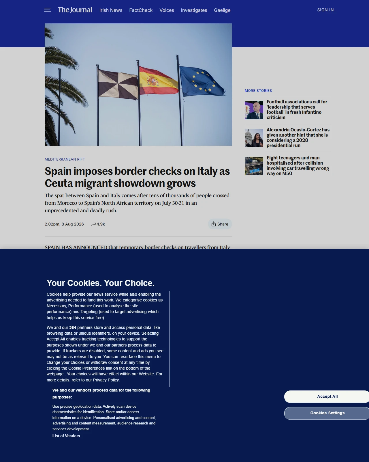 thejournal.ie as published: Spain imposes border checks on Italy as Ceuta migrant showdown grows