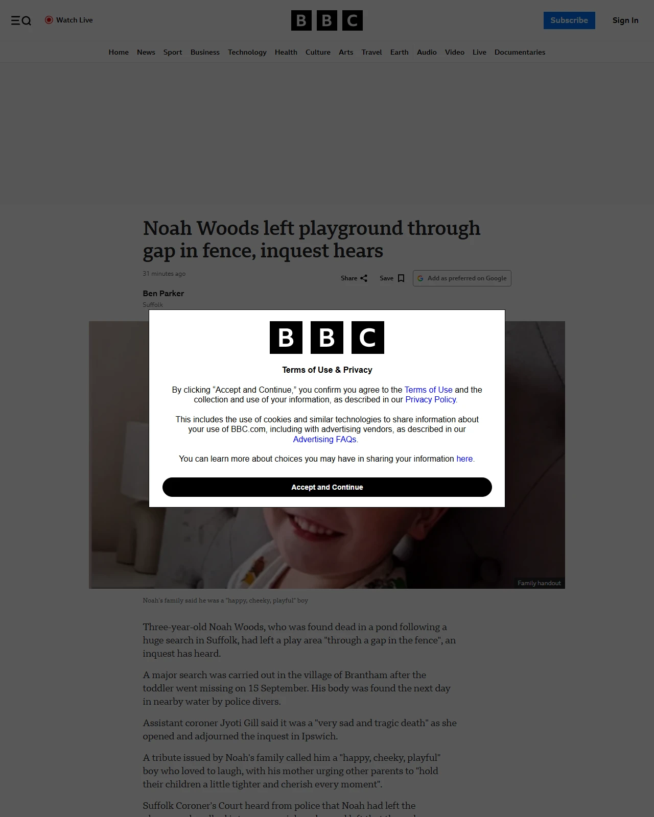 bbc.com as published: Noah Woods died after leaving park through gap in fence, inquest hears