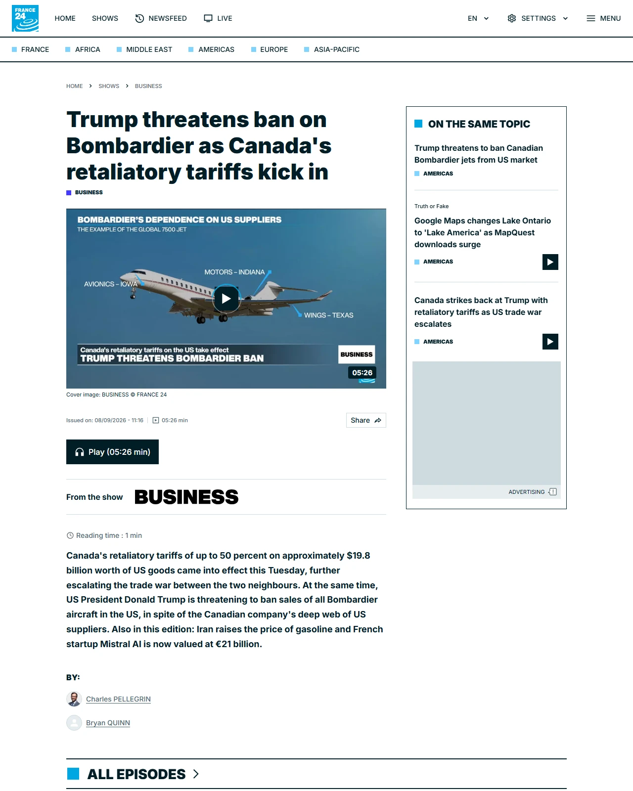 france24.com as published: Trump threatens ban on Bombardier as Canada's retaliatory tariffs kick in