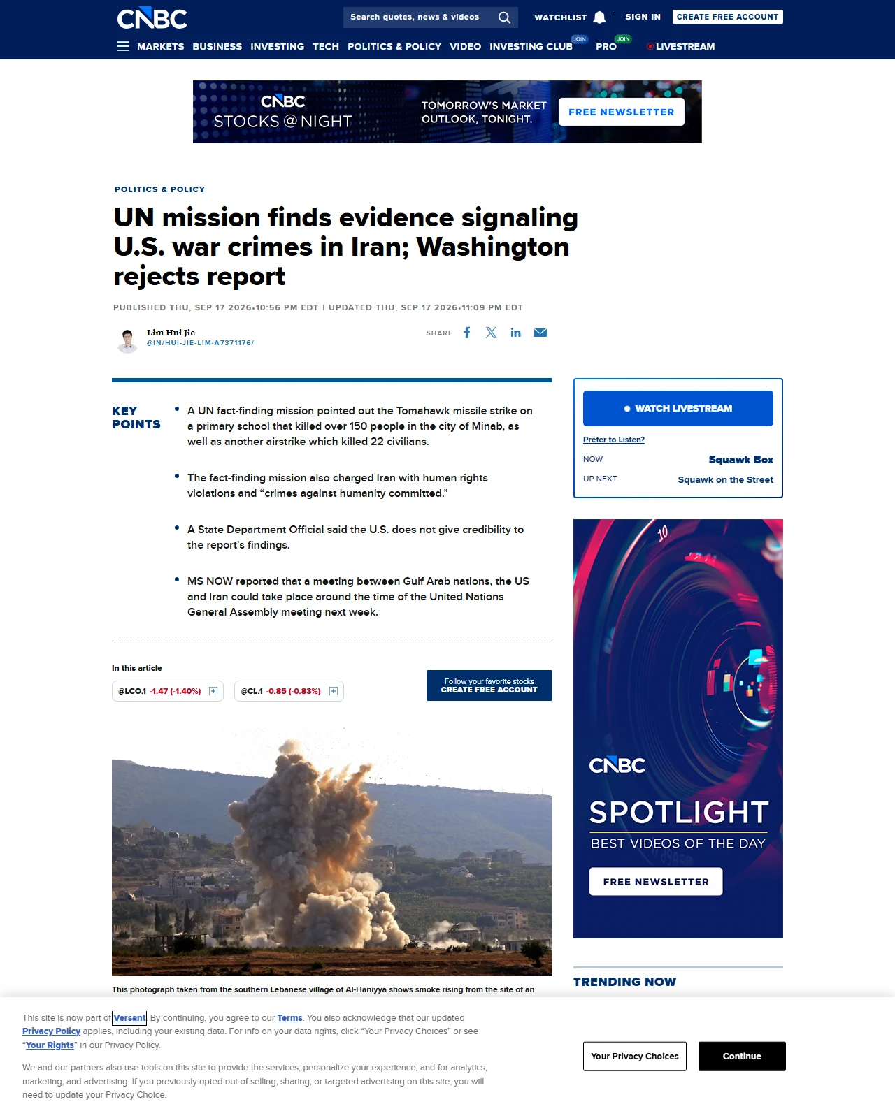 cnbc.com as published: UN mission finds evidence signaling U.S. war crimes in Iran; Washington rejects report