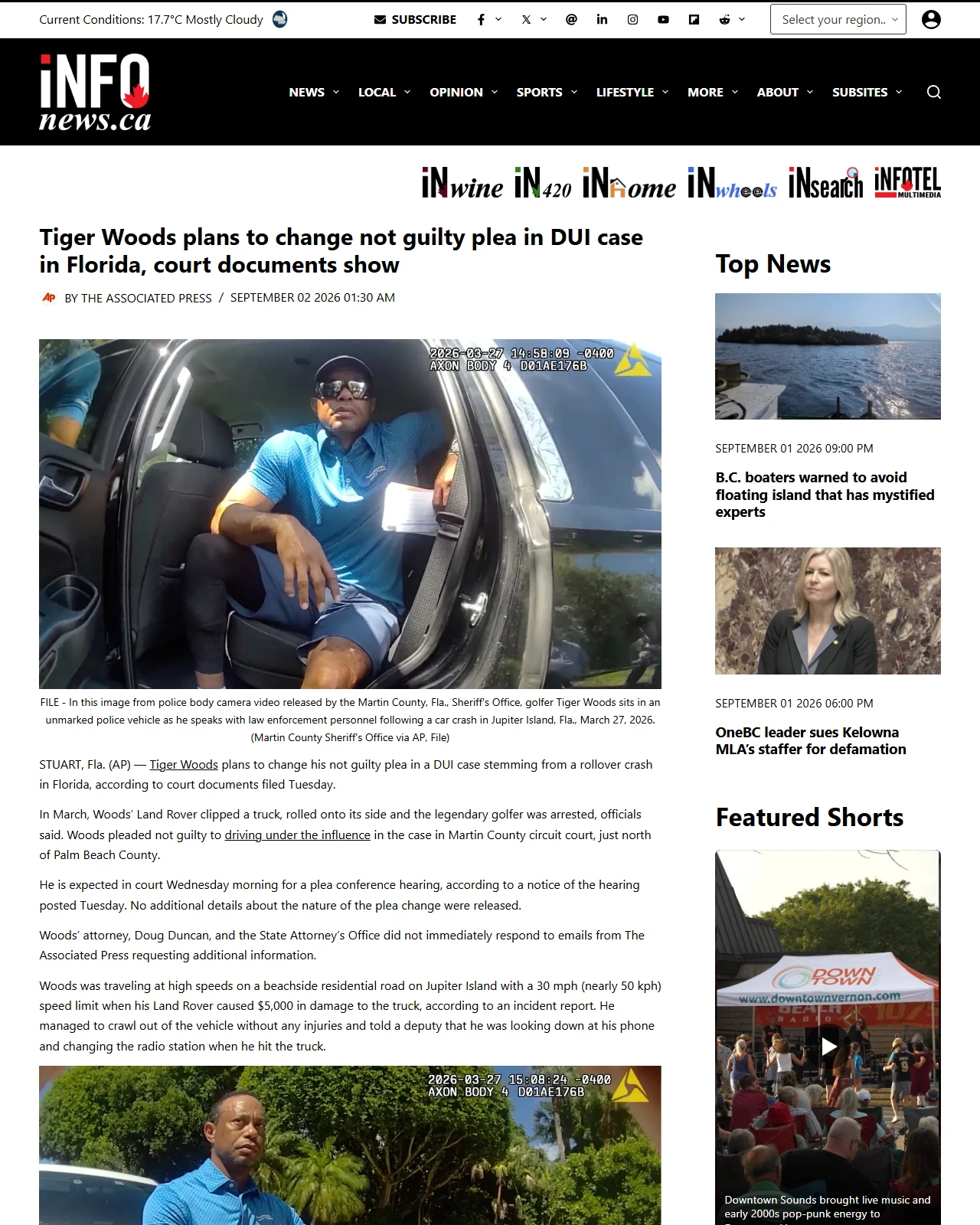 infonews.ca as published: Tiger Woods plans to change not guilty plea in DUI case in Florida, court documents show