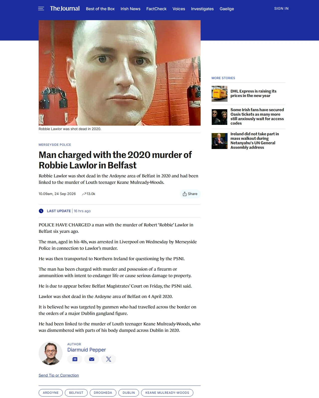 thejournal.ie as published: Man charged with the 2020 murder of Robbie Lawlor in Belfast