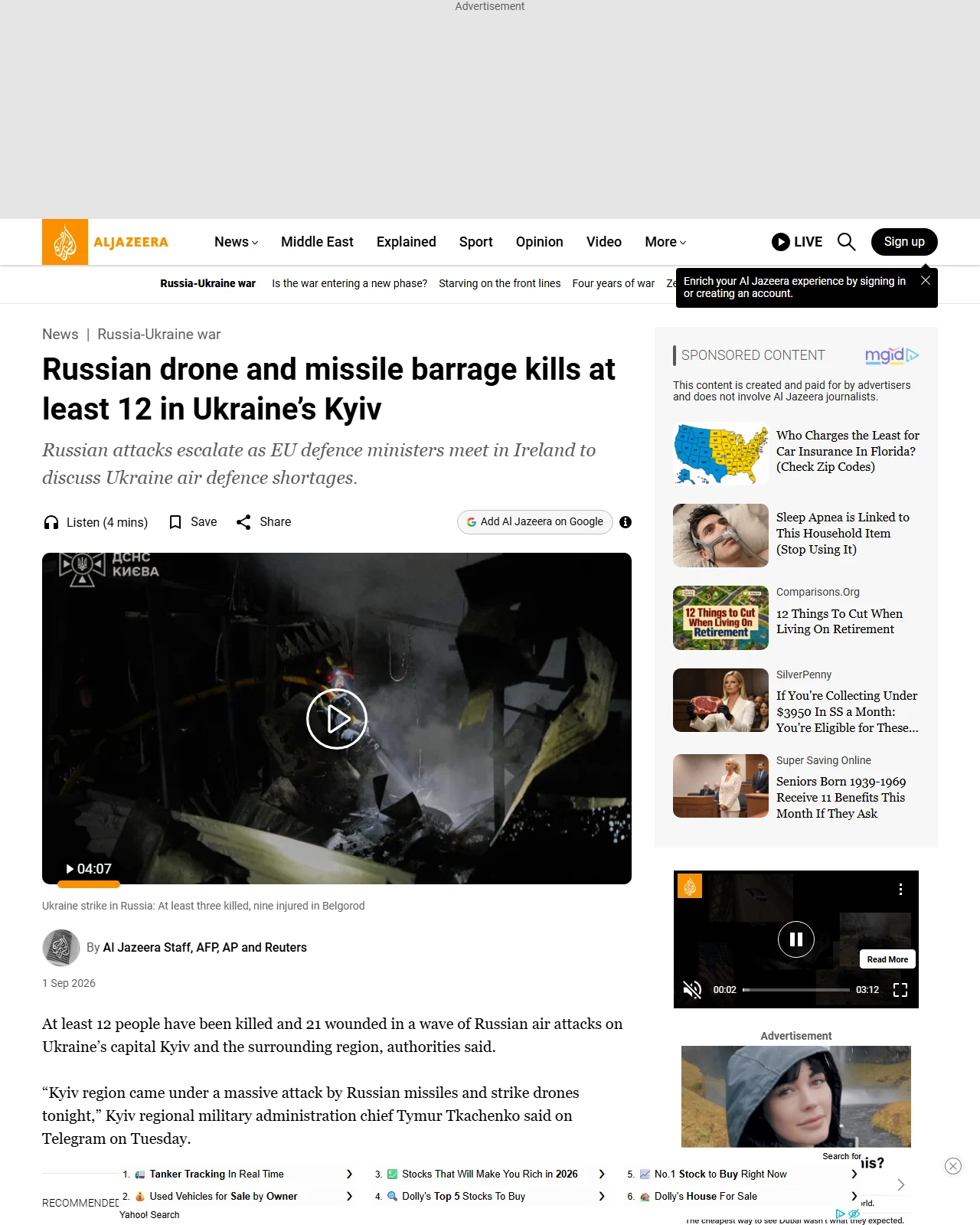 aljazeera.com as published: Russian drone and missile barrage kills at least 12 in Ukraine’s Kyiv