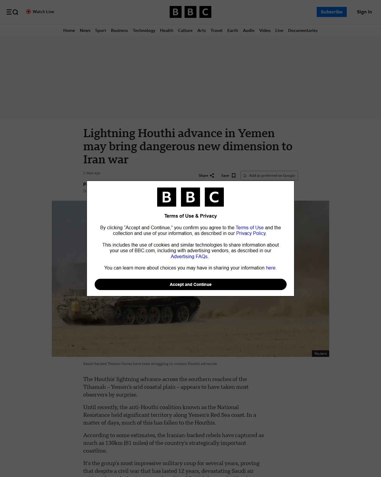 bbc.com as published: Lightning Houthi advance in Yemen may bring dangerous new dimension to Iran war