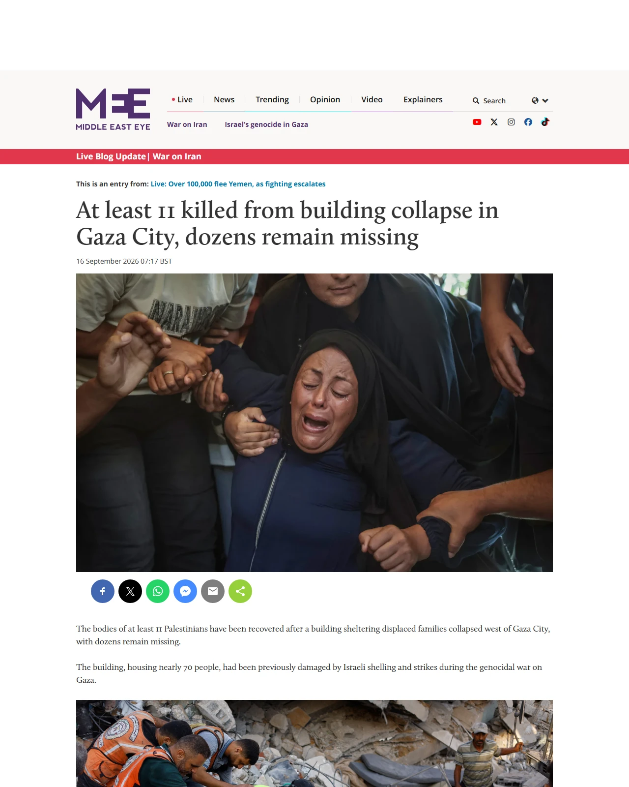 middleeasteye.net as published: At least 11 killed from building collapse in Gaza City, dozens remain missing