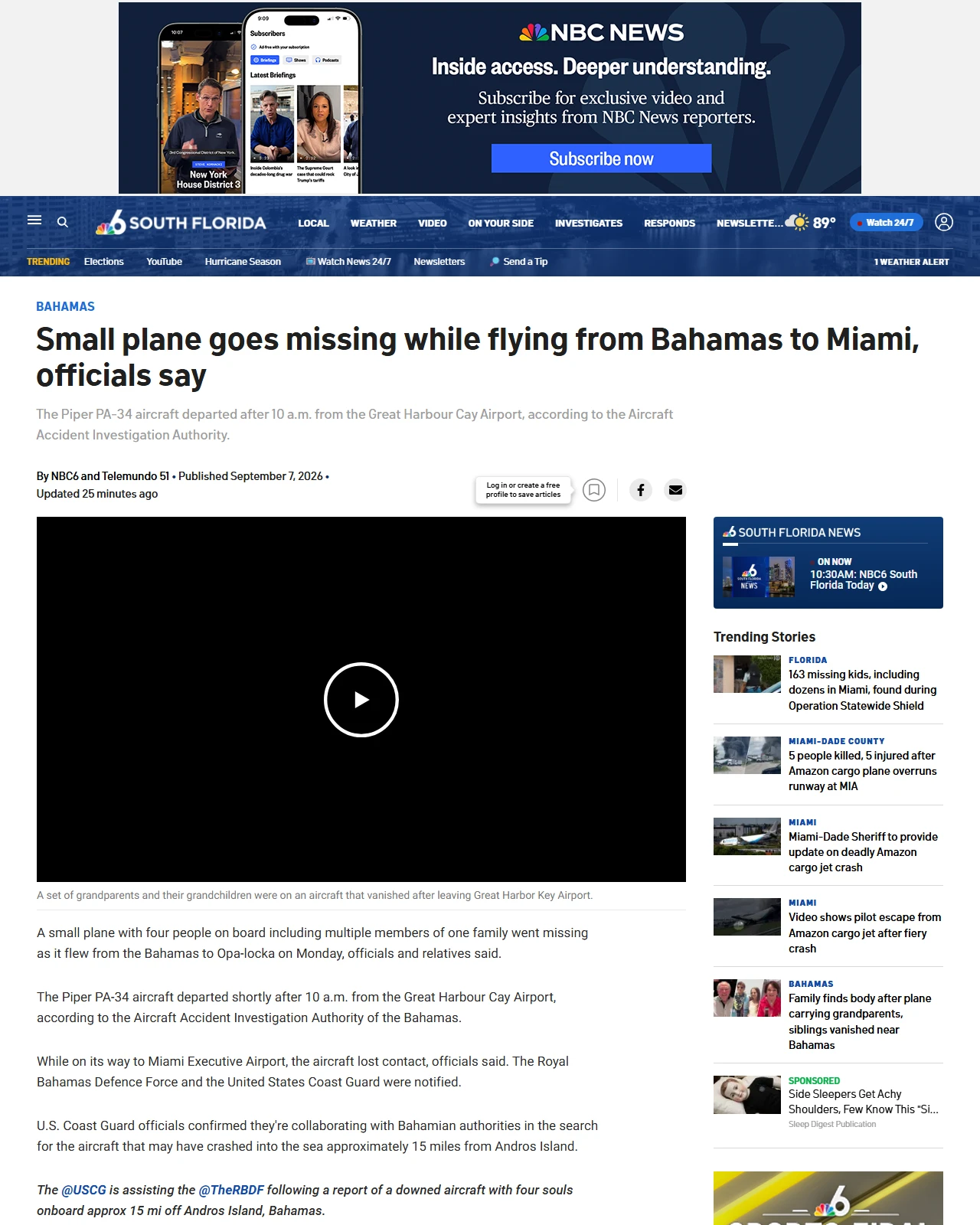 nbcmiami.com as published: Small plane goes missing while flying from Bahamas to Miami, officials say