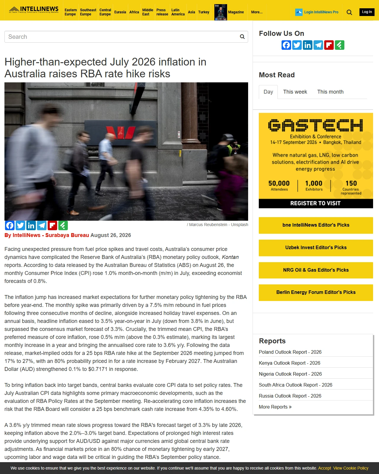 intellinews.com as published: Higher-than-expected July 2026 inflation in Australia raises RBA rate hike risks