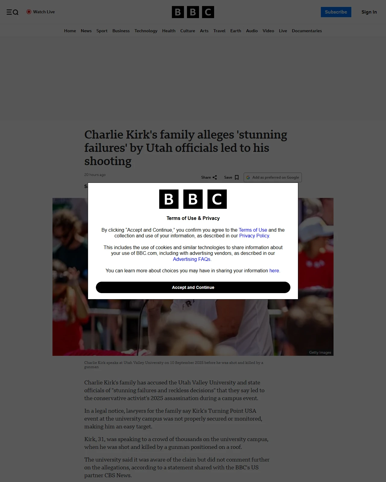 bbc.co.uk as published: Charlie Kirk's family alleges 'stunning failures' by Utah officials led to his shooting