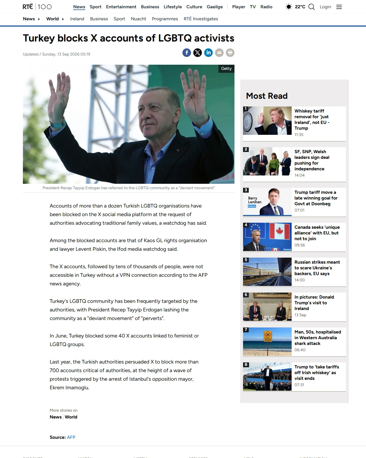 rte.ie as published: Turkey blocks X accounts of LGBTQ activists