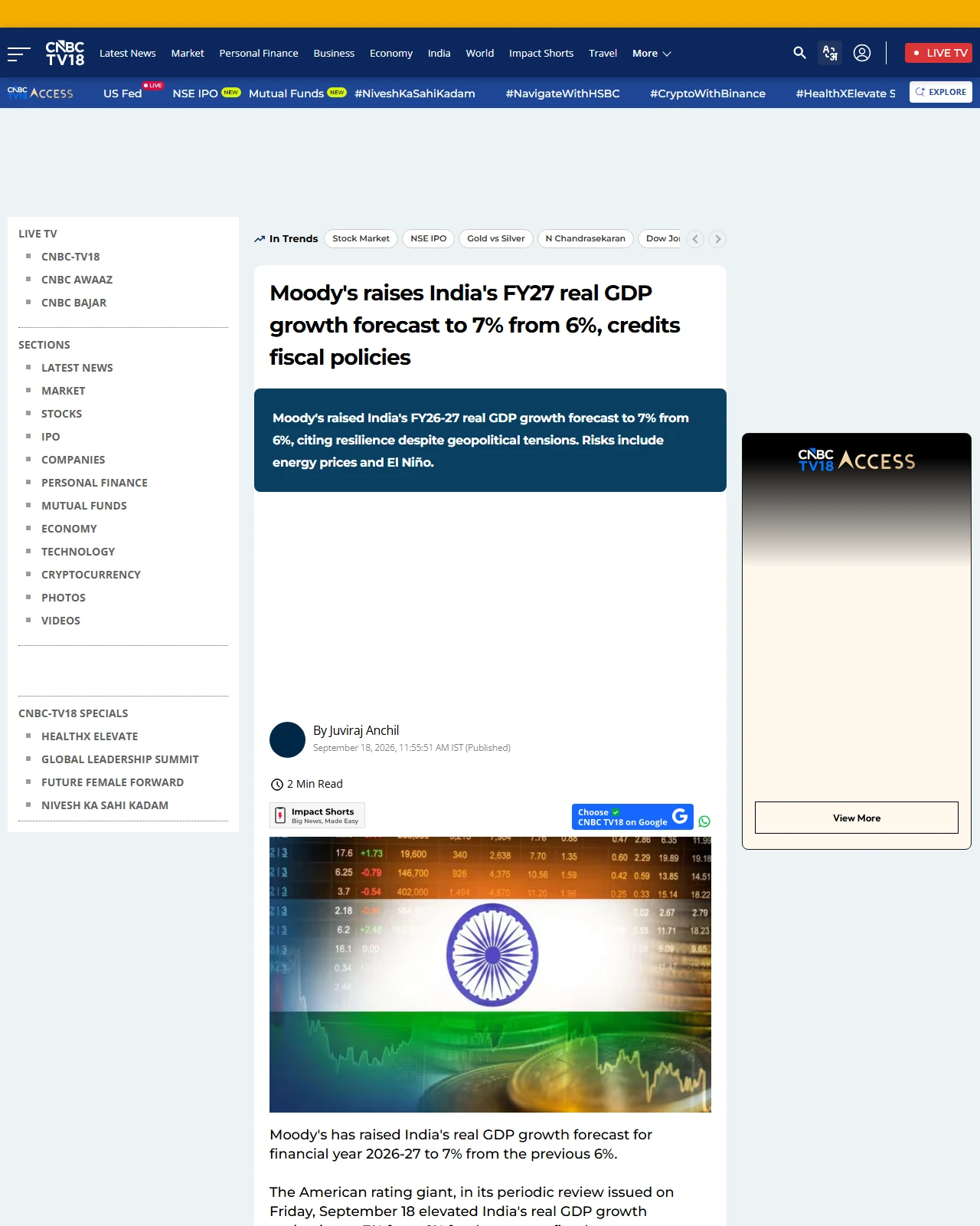 cnbctv18.com as published: Moody's raises India's FY27 real GDP growth forecast to 7% from 6%, credits fiscal policies