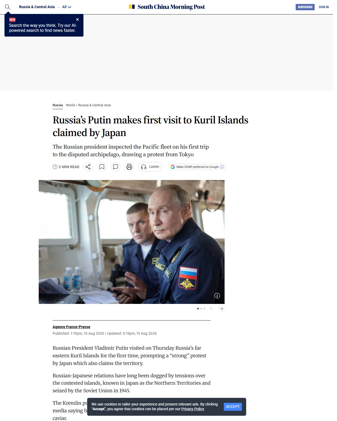 scmp.com as published: Russia’s Putin makes first visit to Kuril Islands claimed by Japan