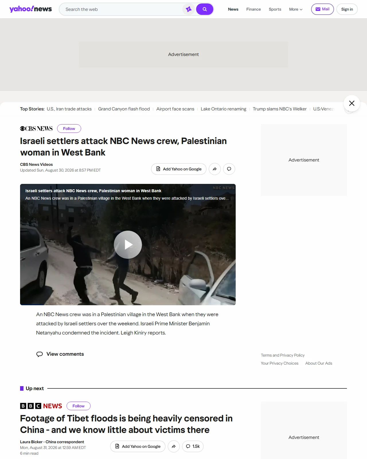 yahoo.com as published: Israeli settlers attack NBC News crew, Palestinian woman in West Bank