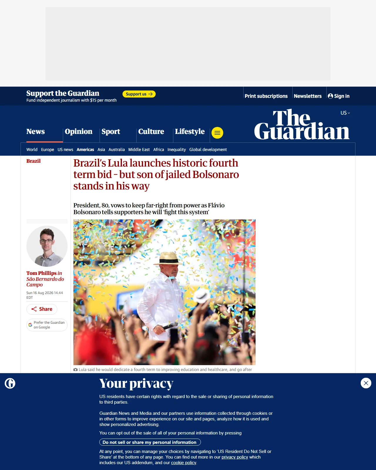 theguardian.com as published: Brazil’s Lula launches historic fourth term bid – but son of jailed Bolsonaro stands in his way