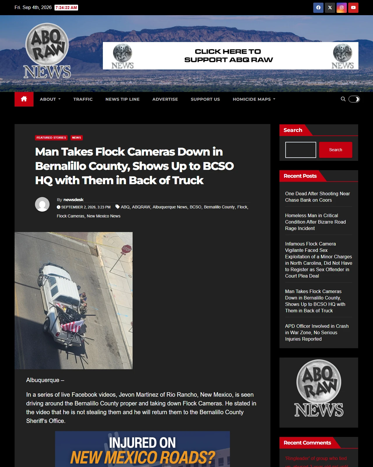 abqraw.com as published: Man Takes Flock Cameras Down in Bernalillo County, Shows Up to BCSO HQ with Them in Back of Truck