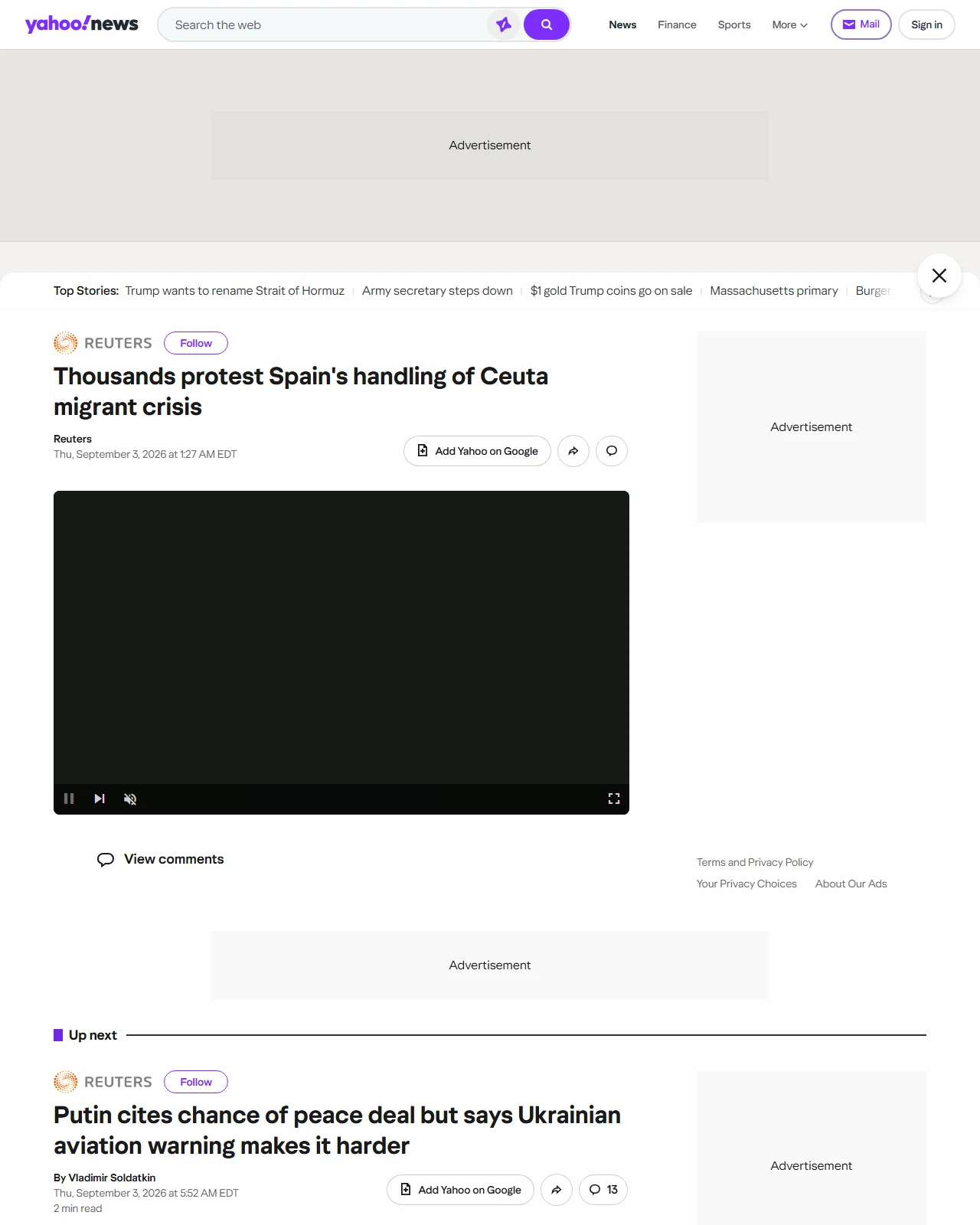 yahoo.com as published: Thousands protest Spain's handling of Ceuta migrant crisis