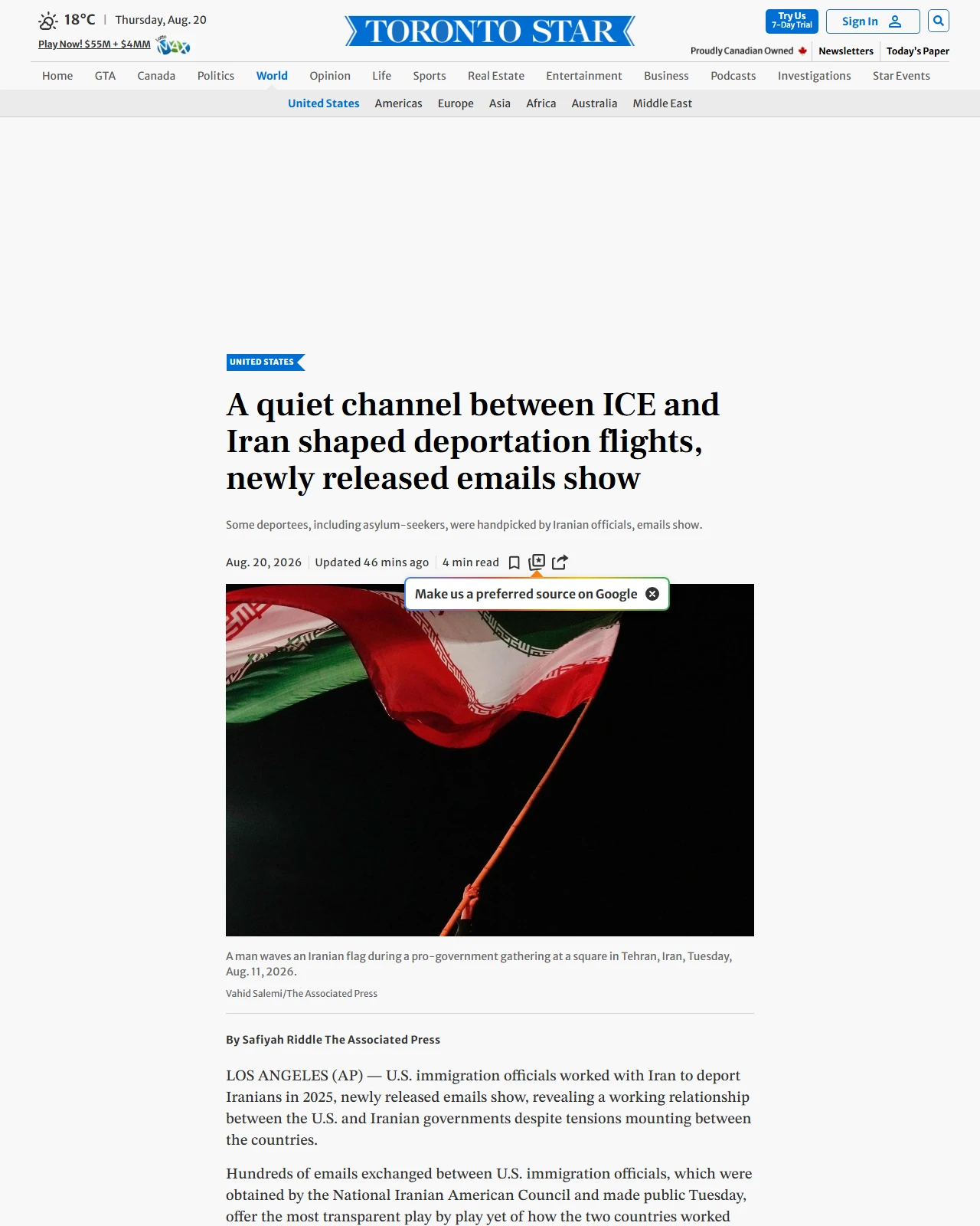 thestar.com as published: A quiet channel between ICE and Iran shaped deportation flights, newly released emails show