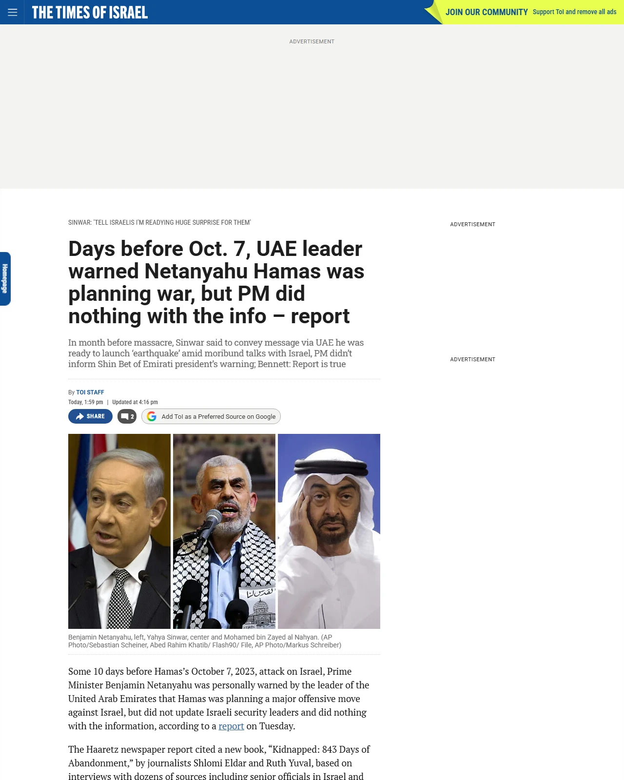 timesofisrael.com as published: Days before Oct. 7, UAE leader warned Netanyahu Hamas was planning war, but PM did nothing with the info – report